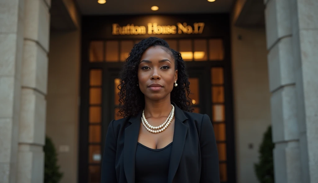 A Brazilian mulatto, a person with a rich ethnic heritage, often exhibiting a combination of African and European ancestry, with a range of skin tones and a vibrant culture that celebrates Brazil's racial and ethnic diversity, Dressed in a black dress. royal blue evening. sitting behind a desk like a president and her hands are clasped.