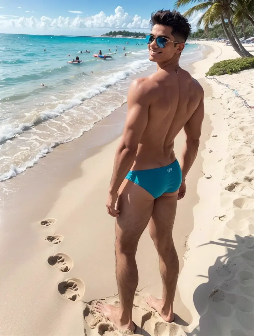 Mature white-skinned man wearing  ?????????,muscle,????,generate,Practical,Sunlight,handsome face,guy,Bodybuilder,Full body image,HD,Triangle,Handsome look,Raised,Ocean,CK ?????????,