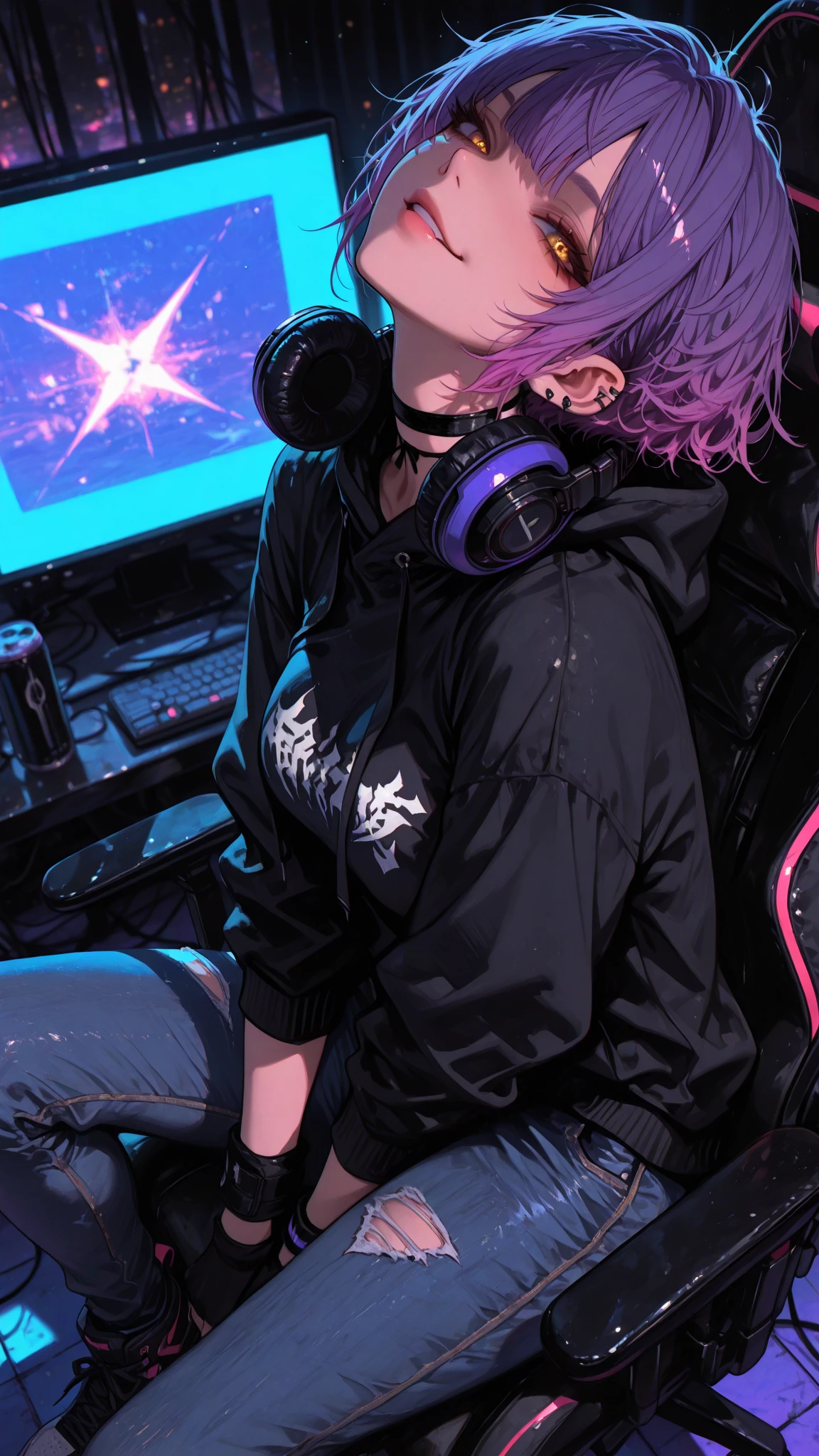 Best quality, (masterpiece:1.2), best detail face, 1 girl, big breasts, 18 yo, 8k,absurdres,unity 8k wall paper,(extremely detailed:1.3), highest realistic, (simple headphones:1.1), (soft neon light:1.1), (floating hair:1.2), (psychedelic:1.2), Her room full of music equipment and plants, Leaning back on the chair with a casual attitude, Light clothing in summer, dark grey color palette, black hair
