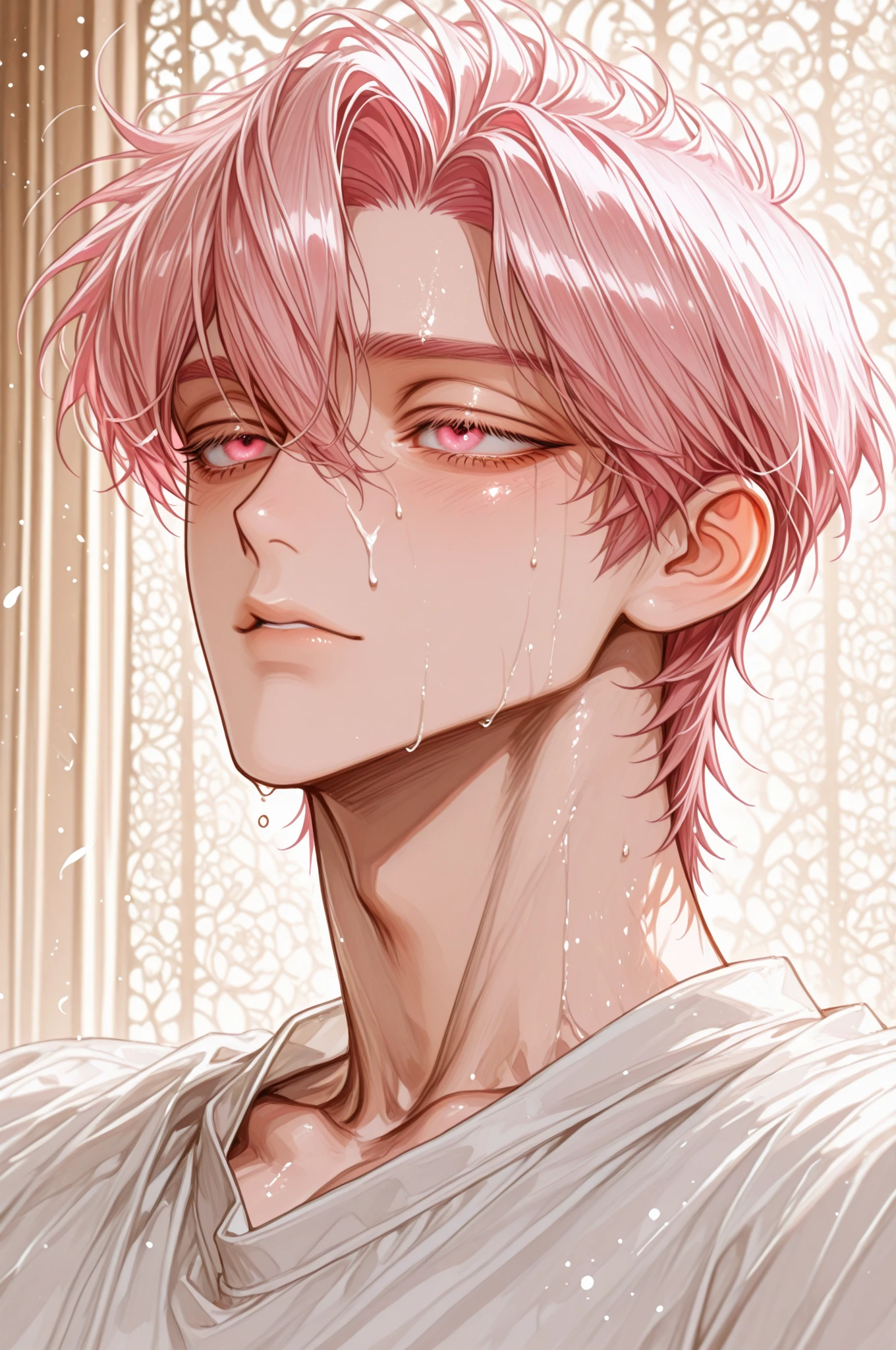 cute 14 year old boy pink hair pink eyes he is scared he is afraid, is crying