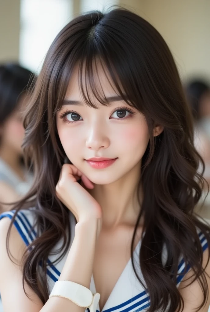(Realistic、Photorealistic:1.37)、(8K、Raw photo、highest quality、masterpiece:1.2)、cute、Very detailed、Heart shaped eyes、Physically Based Rendering、超A high resolution、Kodak Vision Color、Filmed with an Arricam LT camera、Bokeh、Sharp focus、Watching the audience、Photorealistic、Realistic、one person、Photorealistic、highest quality、Highly detailed face、Highly detailed eyes and face、beautiful and white skin、Beautiful and detailed、An unforgettable smile、refreshing、（Beautiful long hair）、｟White knitted clothes｠、｟Black ｠｟Random Pause｠｟Beautiful feet｠（）（Leg ）、（ straps are visible）（I can see her ）｟Whole body image｠