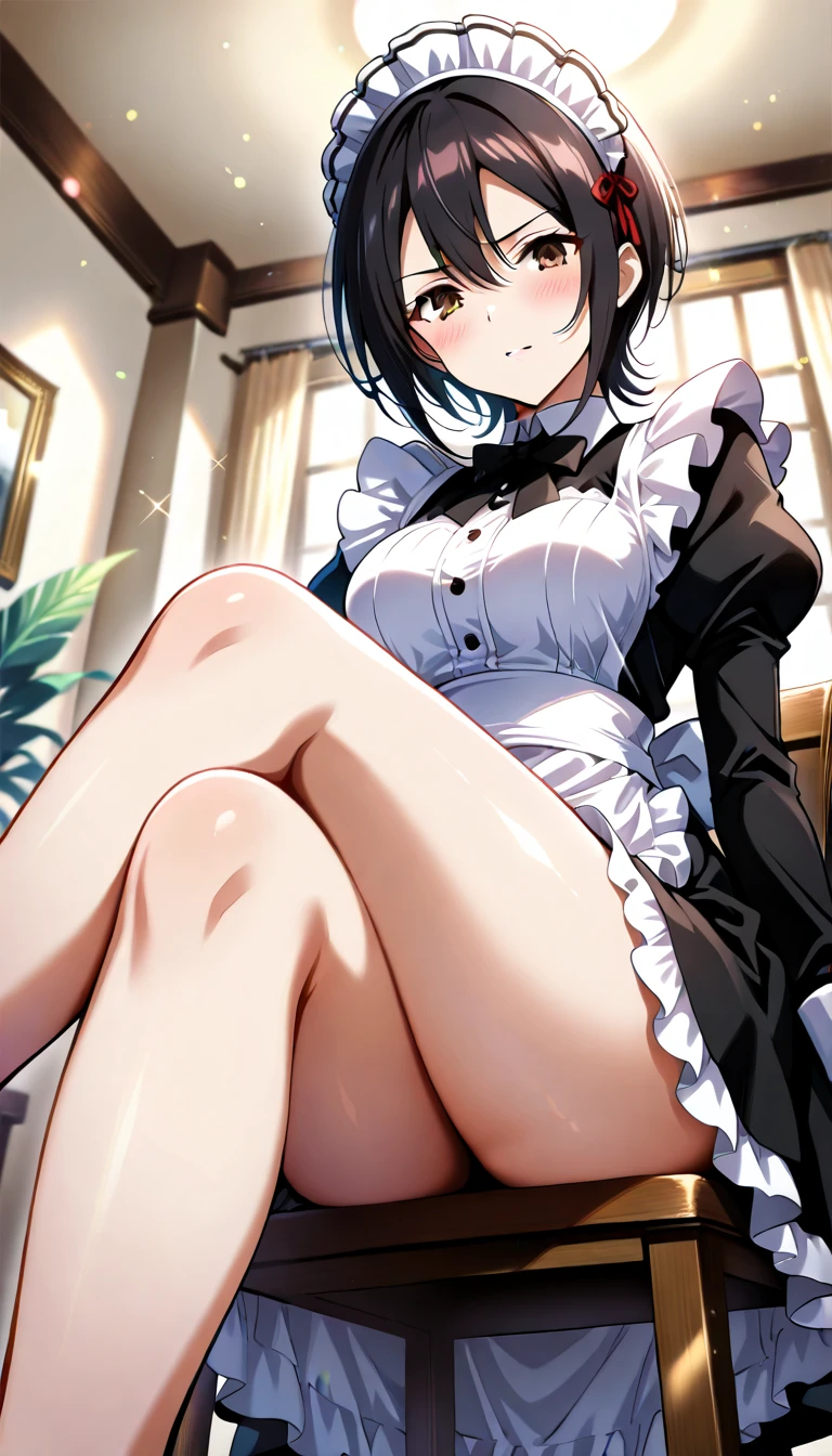 (From below:1.4),One Girl,18-year-old,(Perfect hands:1.3), Perfect Fingers,Perfect , (masterpiece:1.3), Highest quality,Realistic, hyperRealistic, 16k hdr, morning, short hair,Put your arms behind your back,Aesthetic Anime Eyes,Condescending eyes,Beautiful Eyes,(Beautiful female hands:1.3),Small hands,(Thin fingers:1.3), (Navy Blue Hair), blue eyes, Glasses,Something like that, Cafe,Are standing,(Sweat:1.3),(smile:1.2),Big Breasts,Cleavage,(Sexy maid outfit,Head ornament:1.2),Ultra ,Frills,Sexy maid outfit,White ,raise one leg slightly,