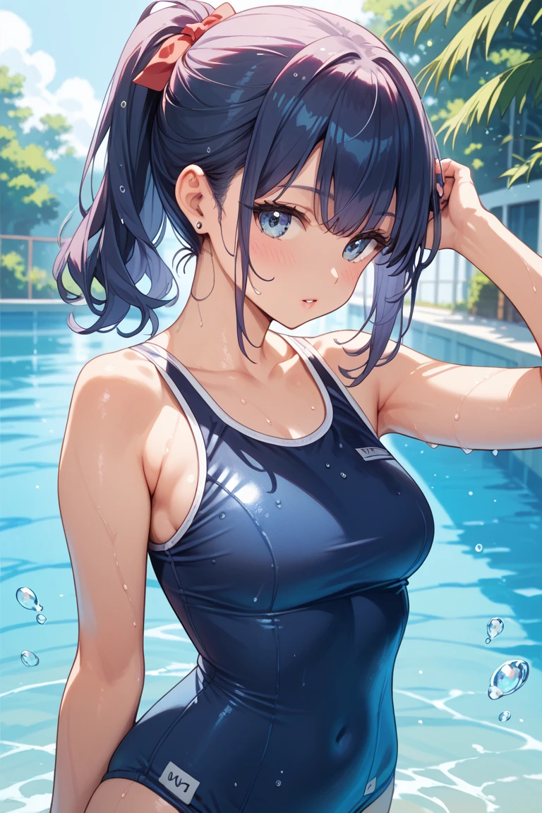 (8K、Highest image quality、highest quality、masterpiece)、detailed face、1 girl、black hair、ponytail、light blue eyes、smile、((open mouth))、very big breasts、((Navy blue school swimsuit))、cowboy shot、Blue sky、pool background