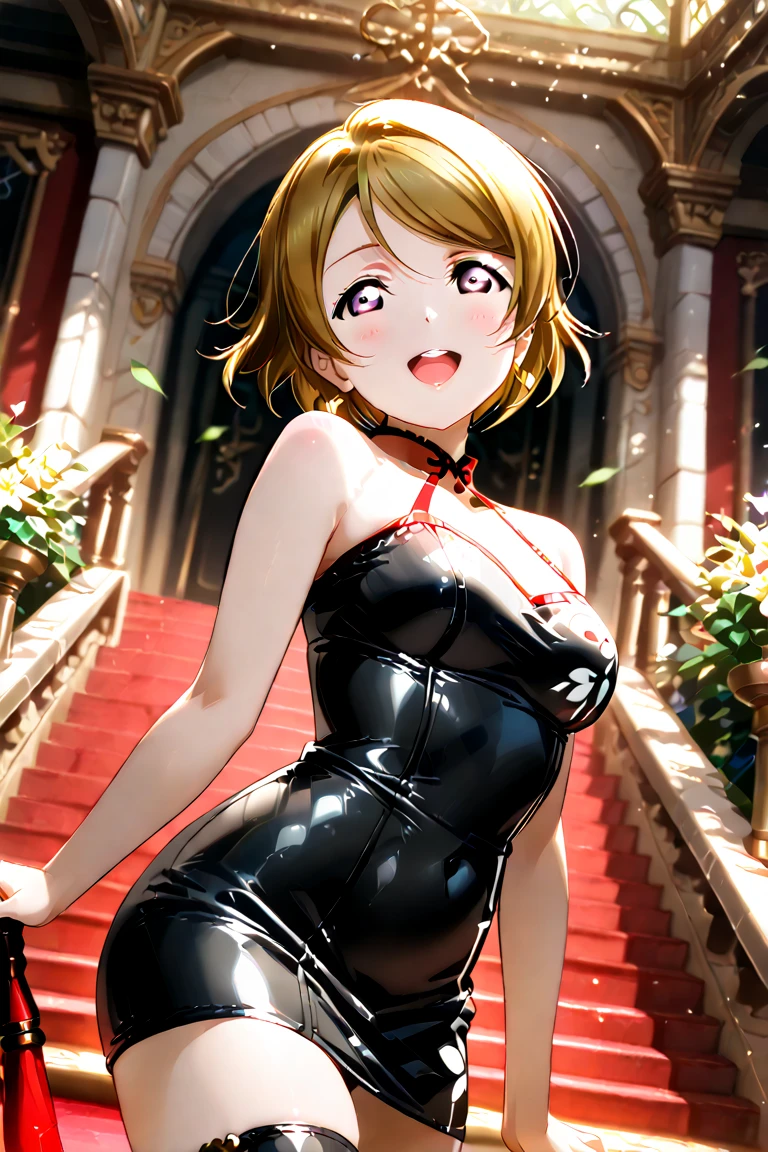 、(masterpiece、Highest quality)、Highest quality, Ultra-high resolution, (((masterpiece))), alone, Sweat、Big eyes, Please show me your armpits, No sleeve、Outdoor、Floral dress、Composition from the front、（Cut the back hair short、short hair、blonde、woman）、Shortcuts、Embarrassed face、Cut your hair short、可愛いwomanの子、Big Breasts