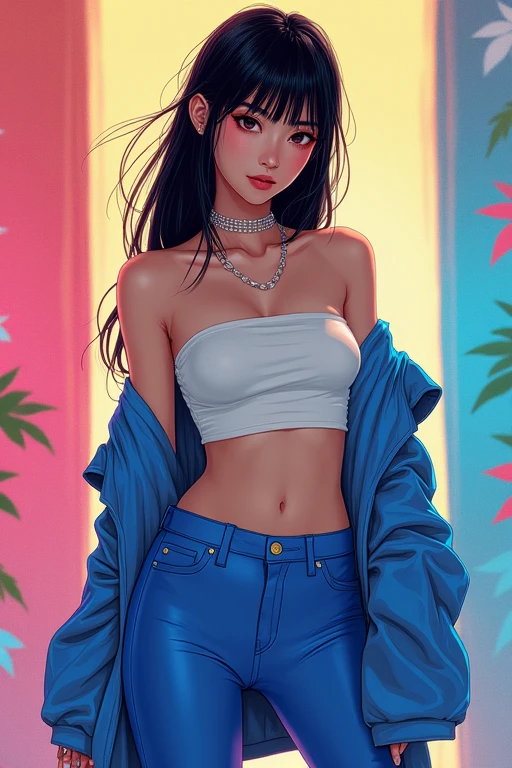 (best quality: 1.2), clean face, (masterpiece: 1.2, 8k) perfect , 1girl,a beautiful fashion model ,(masterpiece, official art, best quality ,long and shiny hair, blue hair with streaks in hair, long hair, full lips, slender body, slim body big breasts, looking at viewer, revealing outfit, absurdity, intricate details, dynamic pose, club, , wearing short shorts and a  top, cleavage,  straps,  ponytail, sunglasses, celebrity