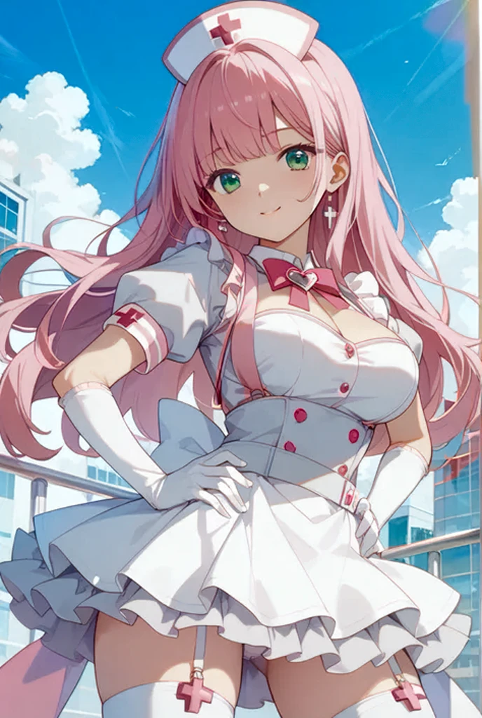 1 girl, game CG, white dress, cleavage visible, shoulders visible, corset, white short skirt, white jacket, neck ribbon, white beret, gigantic breasts, pink hair, long hair, straight hair, ahoge, pink eyes,inside the store , big desk, smile, open mouth,