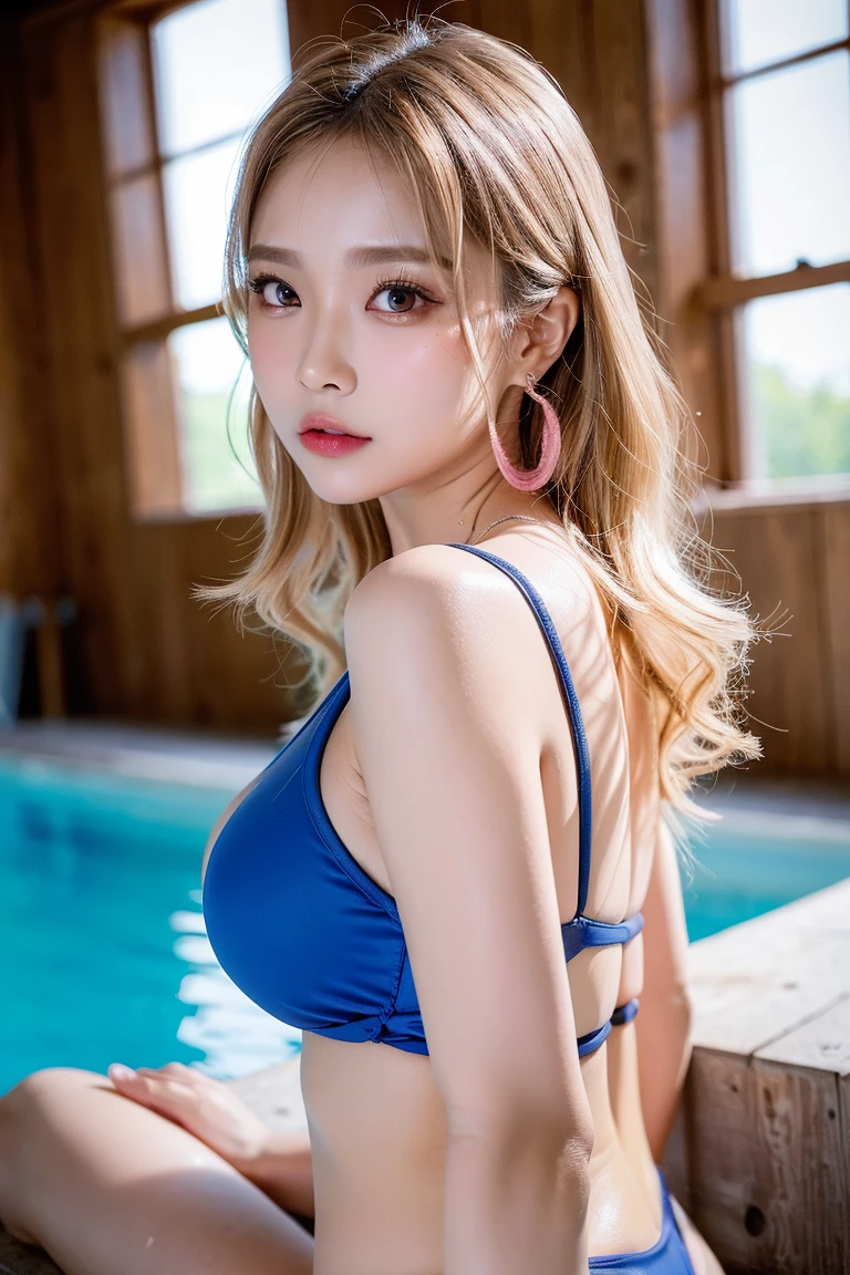 1girl, (closed eyes :1.2), (kissing :1.2), (Sana Minatozaki), (beautiful makeup :1.2),  wide ????, Big ????, (big ???), (Best Quality, 8k, Masterpiece: 1.3), Clear Focus: 1.2, Perfect Body Beauty: 1.4, Highly detailed face and skin texture, detailed eyes, double eyelids, (blond long hair :1.2), (blue ??????), in a garden with grass and flowers, swimming pool in the background