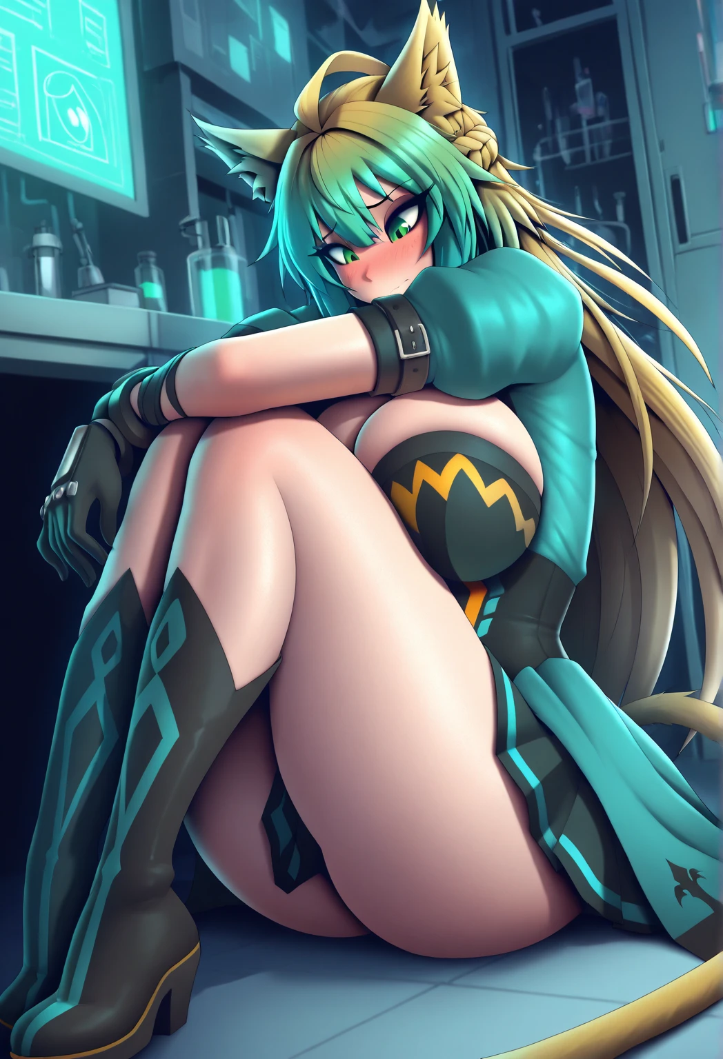 (Highest quality, 4K, 8k, High resolution, masterpiece:1.1), Very detailed, (Realistic, photoRealistic, photo-Realistic:1.37), expressive aesthetics, 1960s counterculture, Brightly colored humanoid, Psychedelic Art,  art style, Sharp details, abstract pattern, , , , psychedelic Background, , , Fractal Art, Multicolored neon lights, A unique and trippy perspective, landscape, Hallucinations, a mind-changing experience, Motion Blur, Fluid movement, Synthesizer Sounds, Realistic fur rendering, Rich and vibrant color palette, , Mysterious glow, high contrast lighting, , Both eyes are the same size, One Girl, alone, huge breasts, , , , Wet, Glowing Skin, , , , , , , , Red cheeks, , , , , , Beautiful , , , , , Shiny rosy lips, Sexy posture, Dynamic pose,Lens flare, Hatsune Miku, , cyan hair, ，Chest compressions，, , , , ,  slave, , , , , , , black pantyhose,  smile, From Below, Low Angle, well endowed