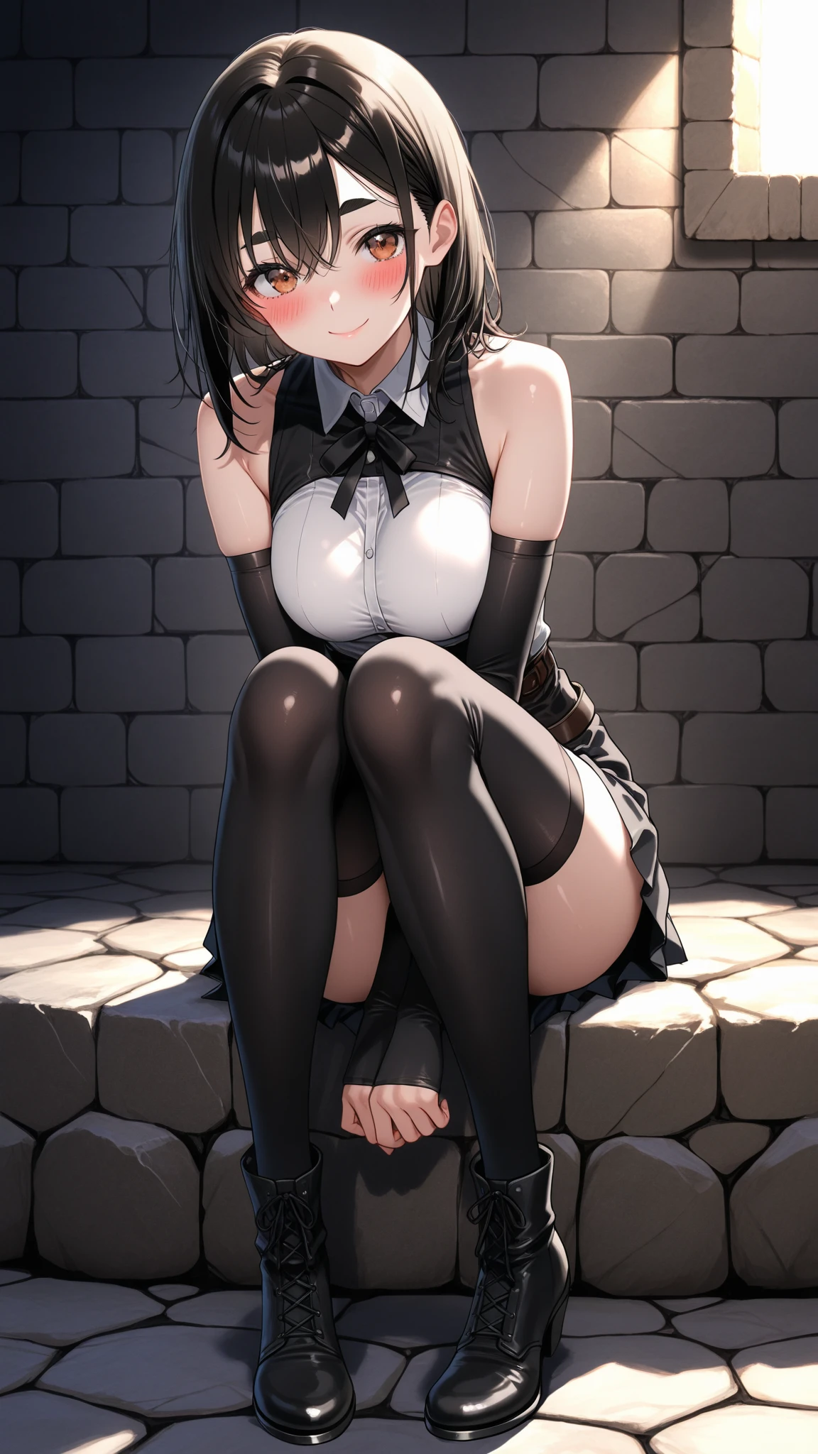 girl with, solo, gothic dress, Rut, Lusting、Kupaa、Perverted look、poneyTail、Thigh strap, Long sleeves, Black shirt、skirt rift、Pubic hair shows through、Beautiful  pubic hair ,more_Details:1.5, More and more_Details:1.9、 Squatting, Looking Down from Below
