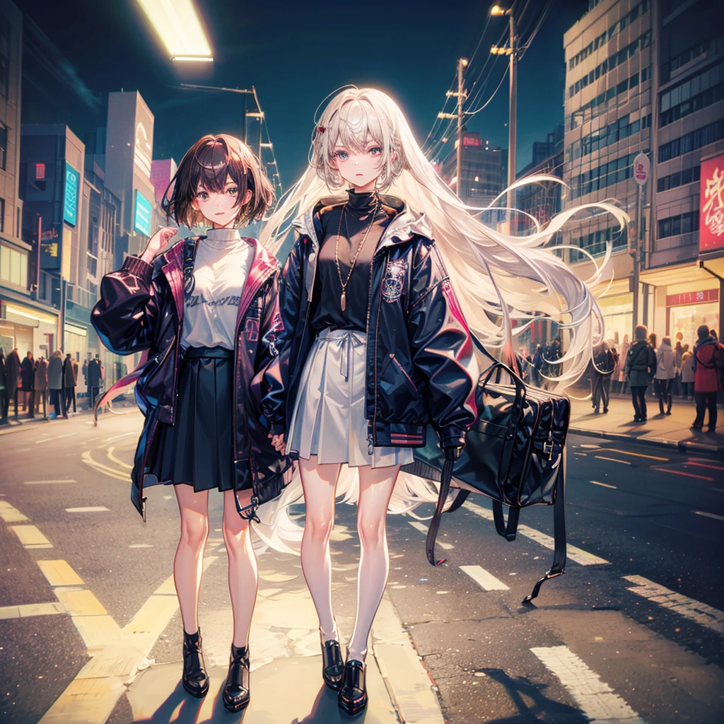 (((masterpiece, best quality, ultra-detailed, best fingers,)))a girl, long hair, black hoodie, , black socks, brown boots, white hair, from back, urban, midnight, overlooking a town, blush-up,