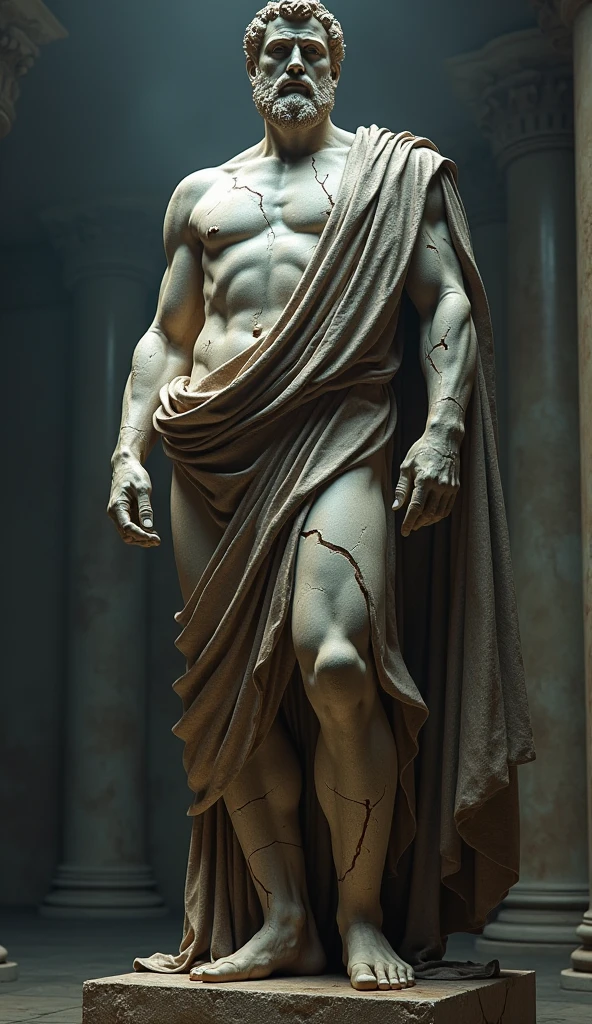A hyper-realistic marble statue of a muscular handsome Roman god man holding a sword rotting, very old, ancient dust, and his facial expressions betray deep sadness and overthinking. Against the background of Roman columns, petrified birds, ashes on the ground withered and rotting, the colors are muted and faded, to emphasize the seriousness of the scene.