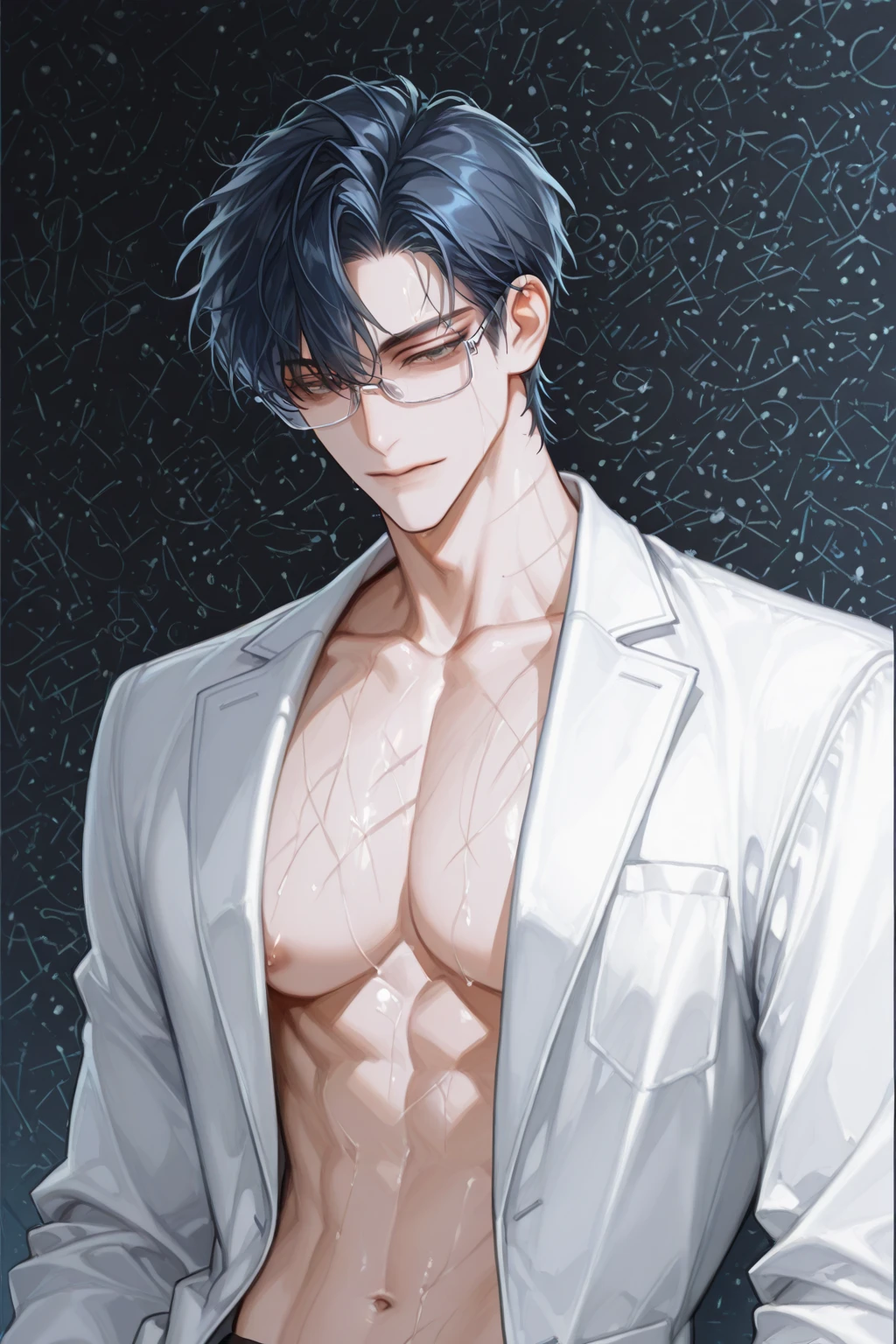 masterpiece, best quality, realistic, 1man, male focus, tall muscular, handsome, [thin eyebrows:0.5], serious, , portrait, extremely detailed face, black hair, (short hair), , six packs, full body, Japanese, round glasses, relax