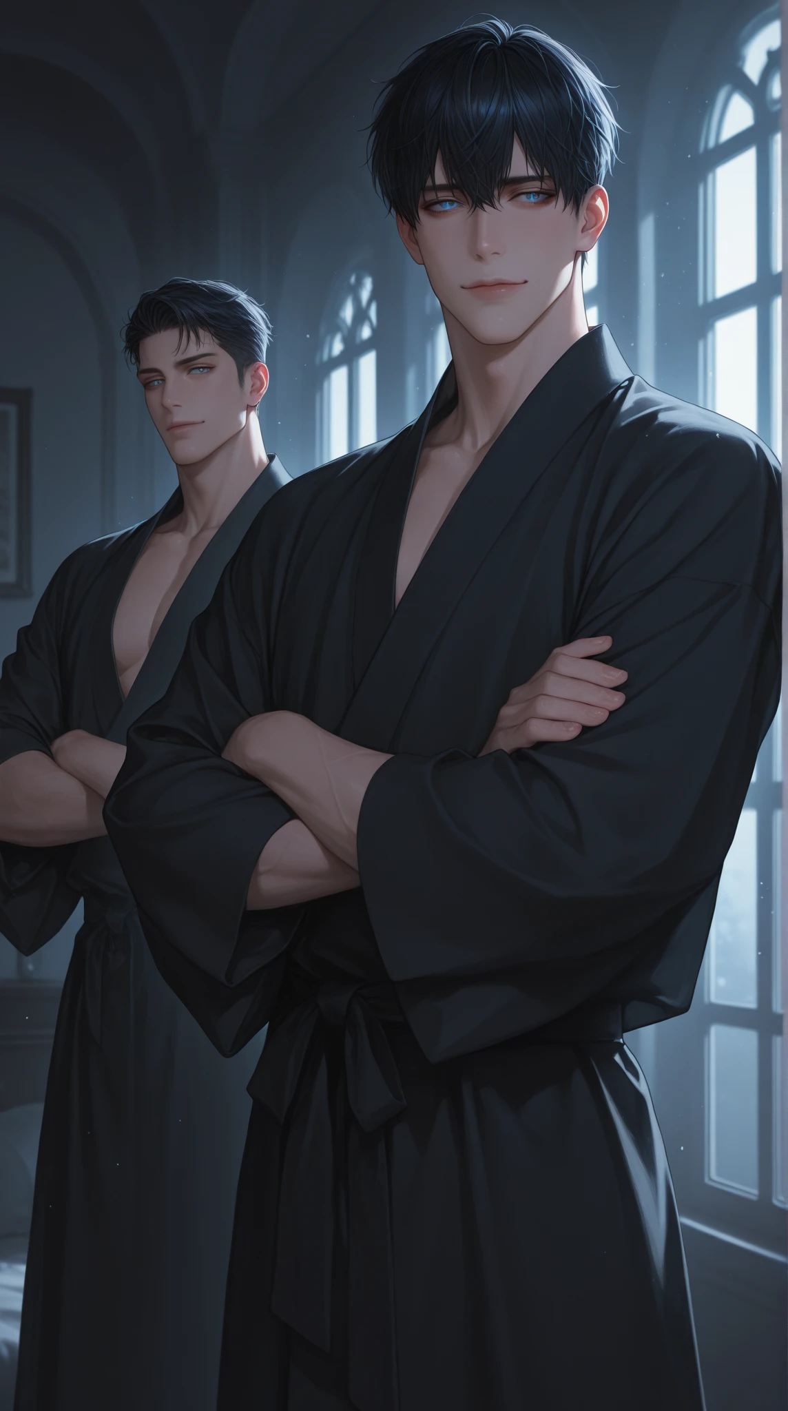 anime handsome man, black hair ponytail hairstyle, white silk robe, lying on the bed