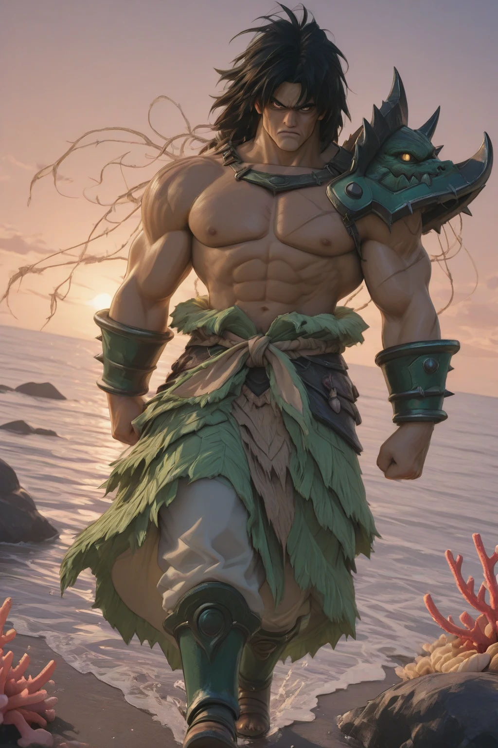 nappa, male focus, solo,cowboy shot, 1boy, bald, , muscular male, abs,black vambraces, veins, pectorals, thighs, black eyes,  male, mustache, (( micro-:_Pattern_designs__perspire_massive pec_Get  all over your body)) , ((micro-armor)) , tail around waist, (best quality, masterpiece) ,  , full body , black boots , (best quality, masterpiece) , full body , black boots , bulge , dubmerging in , (), ( on body:1.2), ( on Back:1.2), ( on Ass:1.2), (covered by :1.2), (bukkakAI:1.3),