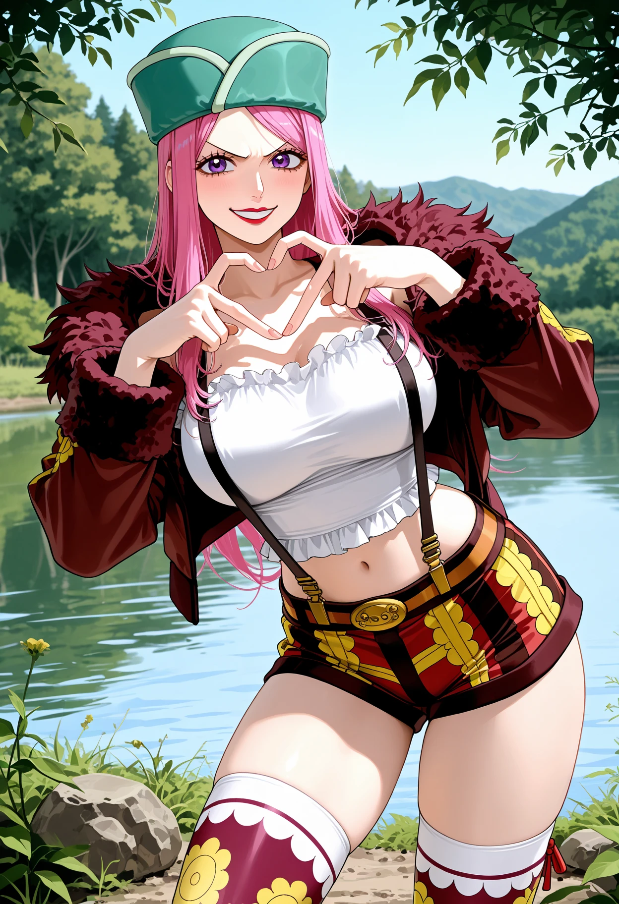 Tabletop, ((Very detailed背景, Delicate pattern, Intricate details)), (Very detailed, Fine details), highest quality, Beautiful lighting, (((Medium ?????, Slim girl, とてもSlim girl))), (Portraiture),  Jewelry Bonney V2, One Girl, alone, Long Hair, Pink Hair, Have, ((Slim girl, Medium ?????, Ultra-detailed lips)), Red lips, (Cover your shoulders, Thighs Thighs Thighs Thighs, Shorts, suspenders, Knee-high boots, Purple eyes, White T-shirt, Simple T-shirt), Belt Bag, Grin, suspendersショーツ, Complex and detailed background, Barren Land, rock, Ocean, natural environment,Completely ?????