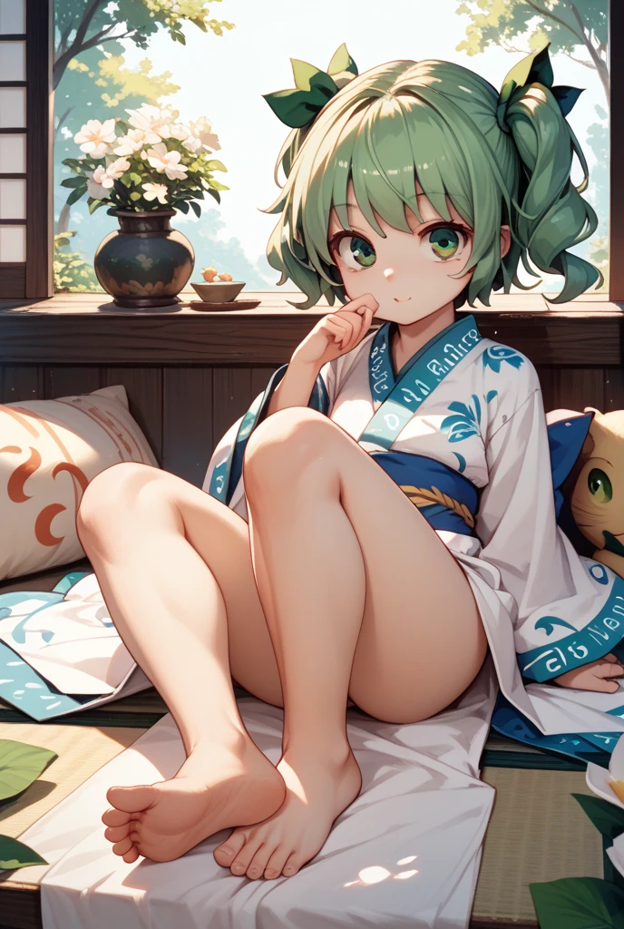 1girl in, hair bobbles, a 15 year old girl, Beautiful and Delicate Face, Stereograms, Exact ratio, Japan Person Model, fair white skin, Best Quality, 8K, Super Detail, Authentic Skin, Skin Details, Beautiful eyes, Slimed, Atmospheric perspective, MASTERPIECE, Full of embarrassment, anaglyph, solid circle eyes, ear blush, surrealism, drop shadow, Perfect Hands, Perfect Legs, Slimed, Japanese Girl, Beautiful Hair, LARGE BREASTS, BIG BREASTS, HUGE BREASTS, CLOUDY LIQUID, ,  in Chest, smiling eye, smile, Tits , Lying on Your Back, POV, Tits Out, Breast Squeezing, Komeiji Koishi, green hair, hut, short hair