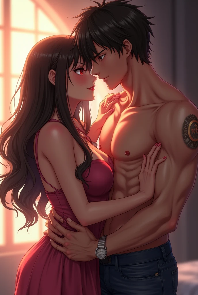 art by Eiichirio Oda, moonlit night, hotel room, dark ambient, nico robin wearing a very short party dress which is chest revealing, nico robin is held  by luffy, they are kissing each other