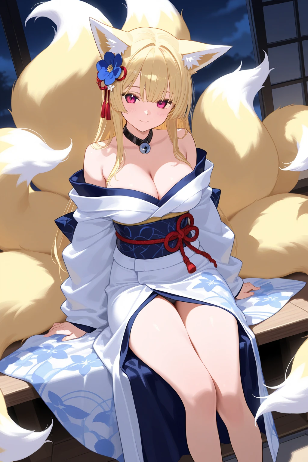 (masterpiece),(best quality),(ultra detailed),(illustration),(an extremely delicate and beautiful),(anime colored),woman is fox girl,monster girl,(giganticboobs:1.3),curvy,(shiny hair),very long hair,(flipped hair),sidelocks,(crossed bangs),(blonde hair),fox eyes,(((((((nine fox tails))))))),(((Japanese circlet))),(red eyes),(shiny skin),(((japanese kikono))),(cleavage cutout),off shoulder,thigh,legs
