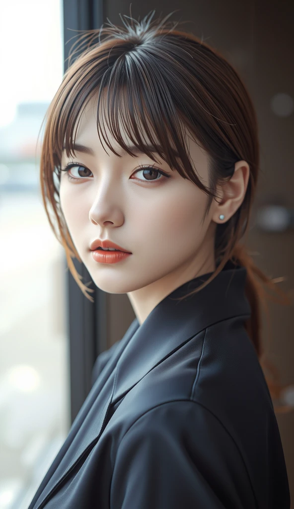 Generated in SFW, (1 Female:1.37), ((extremely Detailed sharp-portrait:1.2)), (close up of her face), Looking at the viewer, Plump Cheeks, Supermodel, 17 years old, high school girl, (Ultra realistic), ((photorealistic)), ((Sharp Focus)), (highest resolution), (the most absurd quality), (masterpiece), (Illustration), 32K, (Best Illustration), (Improvement of quality:1.4), (high detailed realistic Super beautiful face), (Highest quality realistic skin texture:1.4), (Perfect :1.37), very small head, Very small face, The background is a black wall:1.15, (school uniform, :1.05), (Navy blue long sleeve blazer:1.37), (White collared blouse shirt:1.3), (Line pattern tie:1.21), (Navy Check Skirt:1.1), Slim figure, Tight waist, (best highest detailed realistic brown_eyes:1.4), ((super realistic sharp-eyes)), (tired and sleepy and satisfied:0.0), ((close up of a woman's eyes:1.2)), perfect round eyes, finely detailed pupils, Thin lashes, Sharpen your eyebrows, Natural Makeup, [Pink lipstick], (Beautiful Lips:1.33), (Great nose:1.2), (Flat ), (Slim lower body), Shiny brown hair, Let your bangs hang long, (Short Hair:1.21), Movie Lighting, 