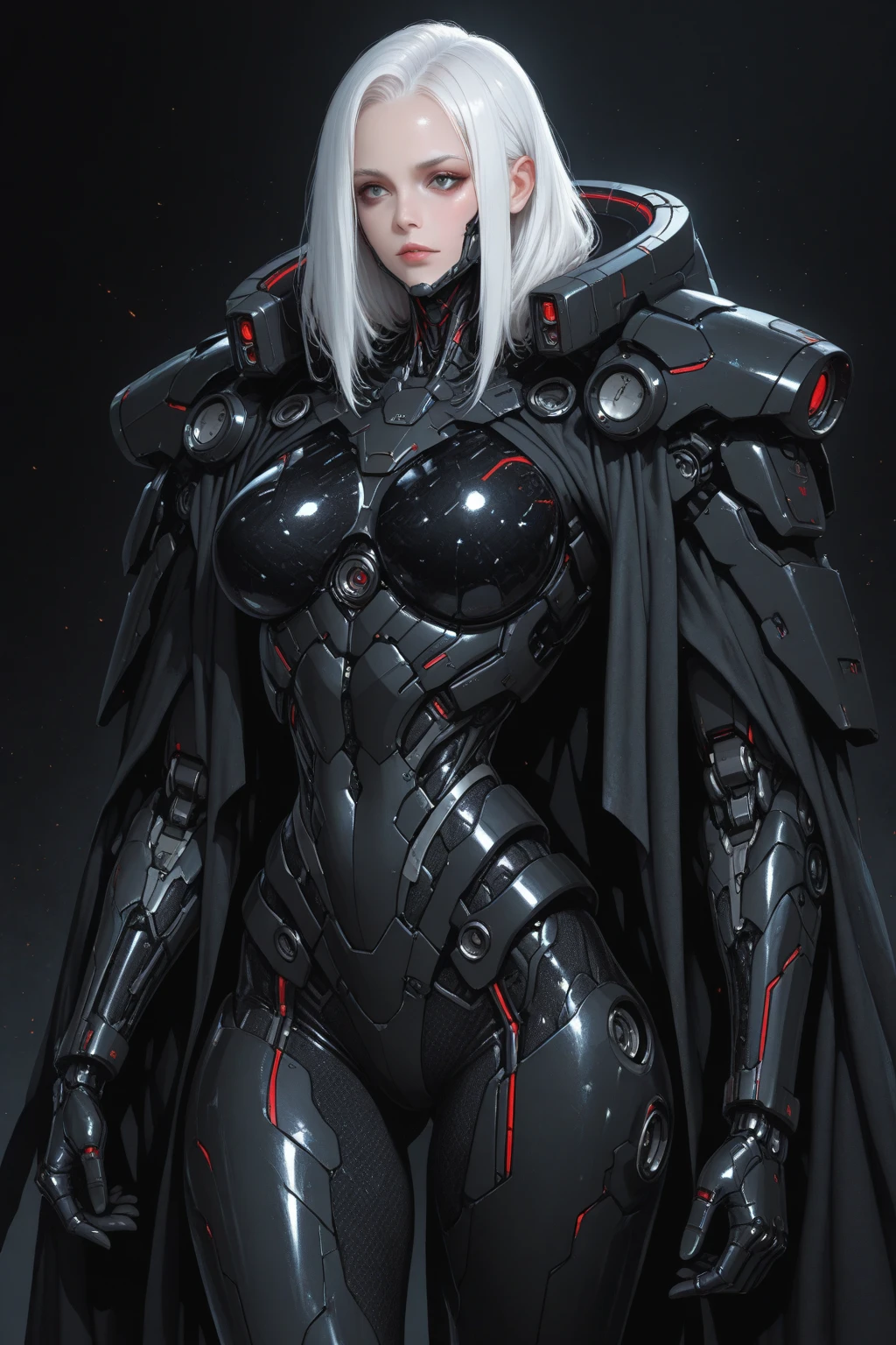 A digital illustration of a futuristic white mecha, (futuristic high-tech style),short hair ,bob hairstyle, white hair, (full body length), (super cuteness), (super beautiful face), 32k UHD, C4D style, octane render, sharp focus, complex details, perfect details, highest resolution, Show shoes, 1 girl, solo, RAW, photo realistic, CG game artstyle, wearing futuristic armor and helmet, The background is a dark grey with neon red accents, creating an eerie atmosphere, The art style is inspired in the style of GG game artstyle, with a high contrast between light and shadow and futuristic elements. It is a digital art piece with a dark fantasy theme, vibrant colors, and sharp details.
