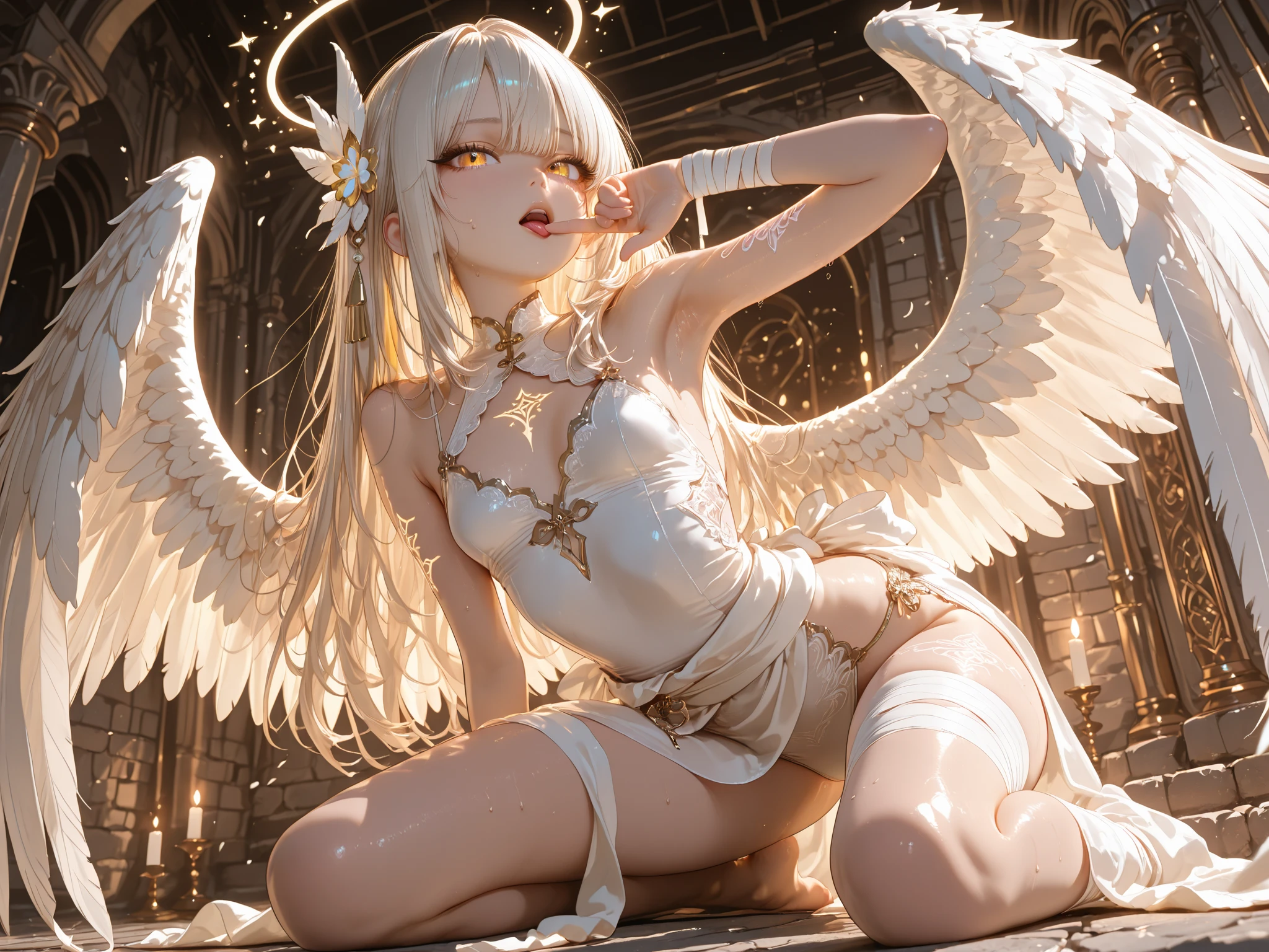 best quality,masterpiece,1girl,solo,(((9years old))),japanese girl,an extremely cute and beautiful girl,highly detailed beautiful face and eyes,petit,cute face,lovely face,baby face,shy smile,show teeth,white hair,medium long hair,flat chest,Hairless , sticking out on the dress,,no ,skinny,slender,(((wearing a wet white  mini camisole with big angel wings on her back))),(((sitting in a church garden))),she is looking at the viewer,(((touch your  with your hands))),((open your legs)),(((spread your  to viewer))),((NFSW))