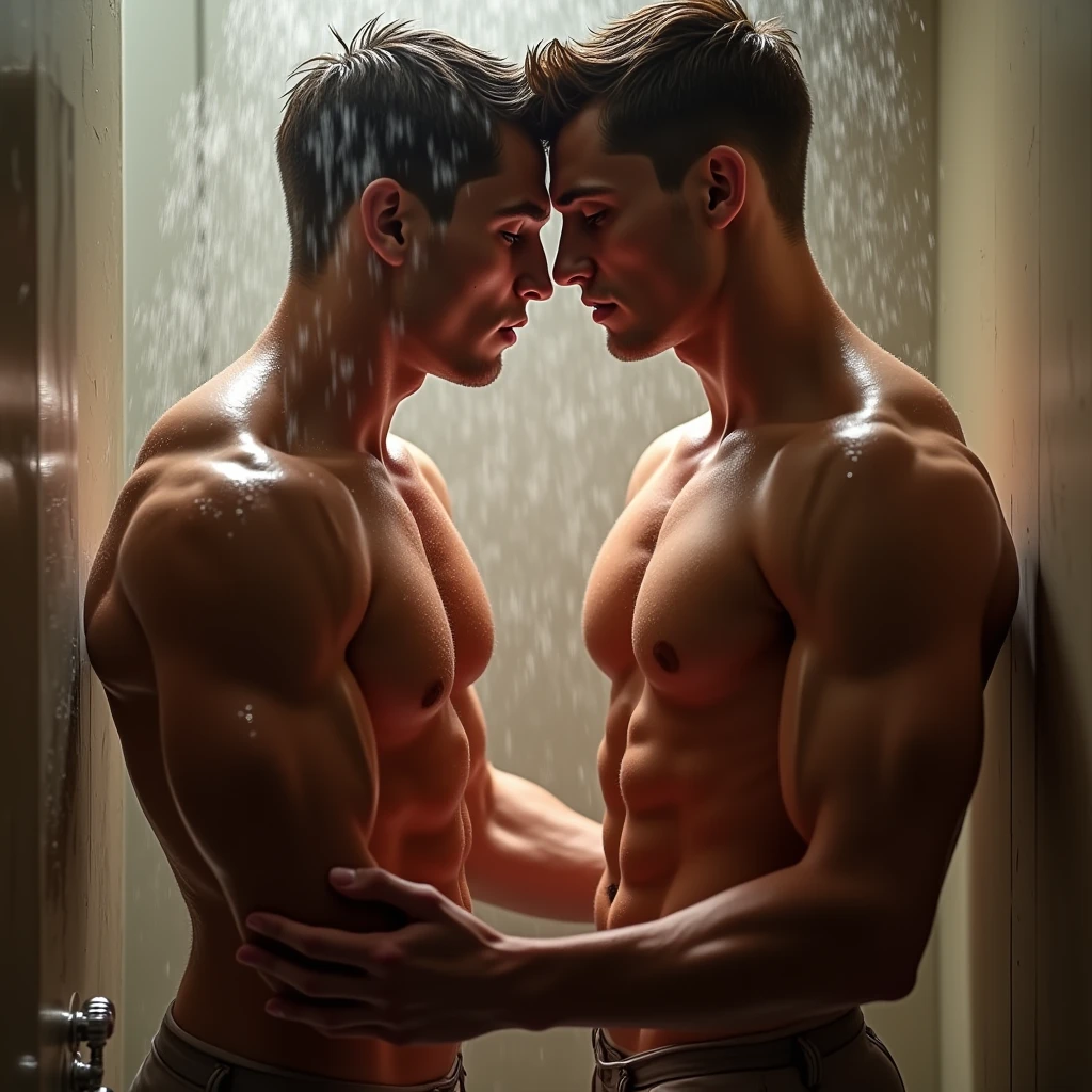 a soaking wet group of young adult  fraternity, wearing extremely wet and clinging shirts and jeans, intimate and sensual kissing, wet t-shirts, homosexual, detailed realistic portrait, high quality, 4k, hyper detailed, masterpiece, dramatic lighting, vivid colors, cinematic composition, wet clothes