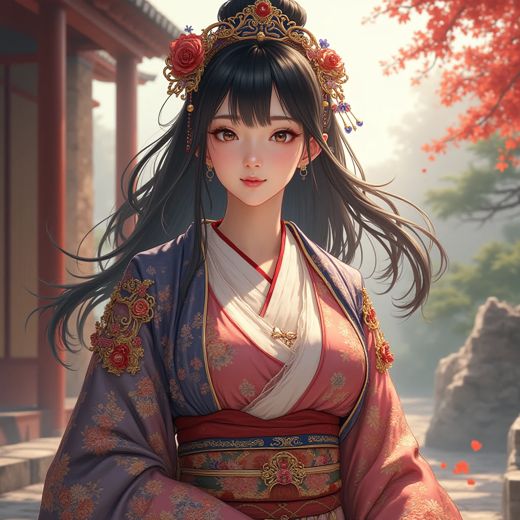 (Highest quality、 8k 、masterpiece、High resolution)、Heian period、A beautiful young woman from the nobility、、(Straight hair、Long, beautiful black hair)，(Beautiful Face、Beautiful eyes、A neat nose、Pretty lips)、A friendly gaze、Faint smile、(Silver、gem、Ivory hairpin、Headdress)、(12 Single layer kimono、Mainly light pink　Many colors　Vibrant colors　The beauty of layered colors)，背景はHeian periodの建物、Official Art、Detailed CG、