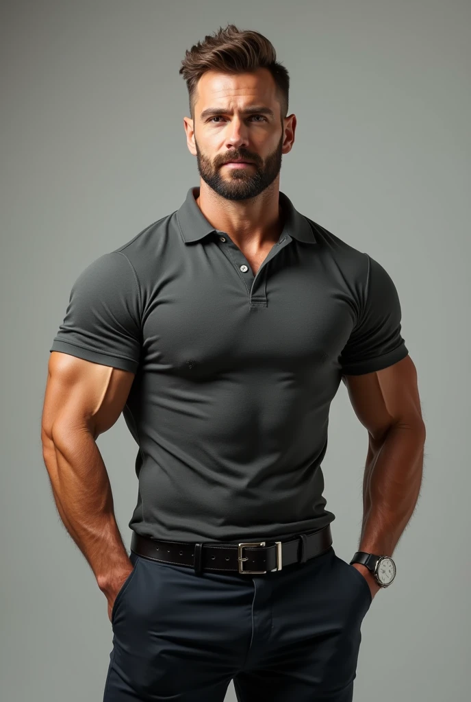 Super muscular mesomorph body type hunk very handsome muscular beefy arab man in office shirt, pectorales redondos y masivos abultados, enormes brazos, nalgon, full body session, jeans grises de espaldas
