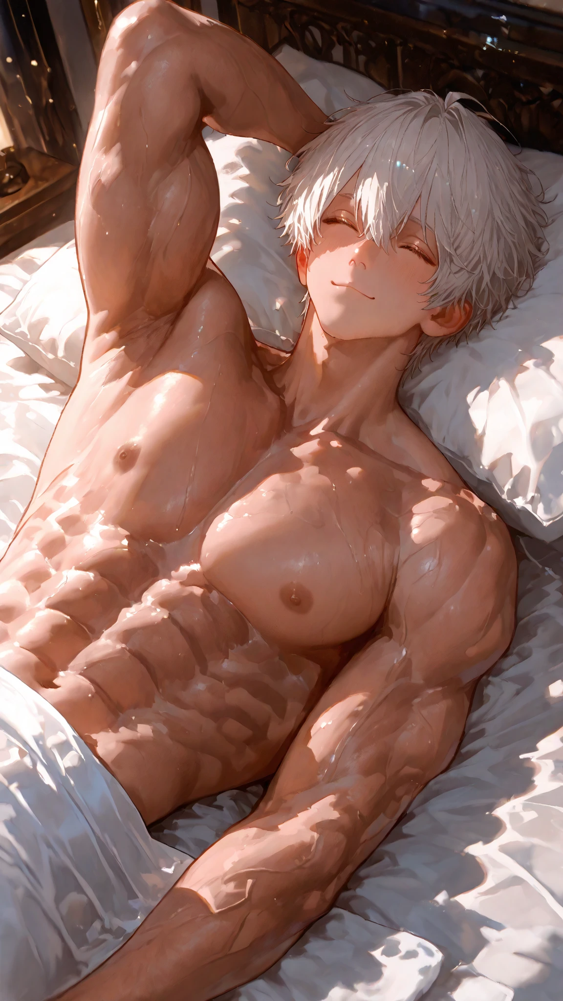 ((best quality)), ((Masterpiece)), (details), perfect face,high definition,Masterpiece,4k,details clearly,,,Handsome face,white skin,perfect body,male body,strong muscles,Abdomen muscles are wavy..,abdomen,blue eyes,white skin,The most handsome man in the world,handsome,,The coolest face,Male characters,challenge,Show off your body,Strong breasts,beautiful eyes,Look clearly......,นอนลงon the table,sexy male underwear,strong legs,spread your legs,Show your armpits,Lie down,underwear,Bend your chest..,wet body,on the table,Show off your arm muscles.,top view,relax with cats,cat walking aroud