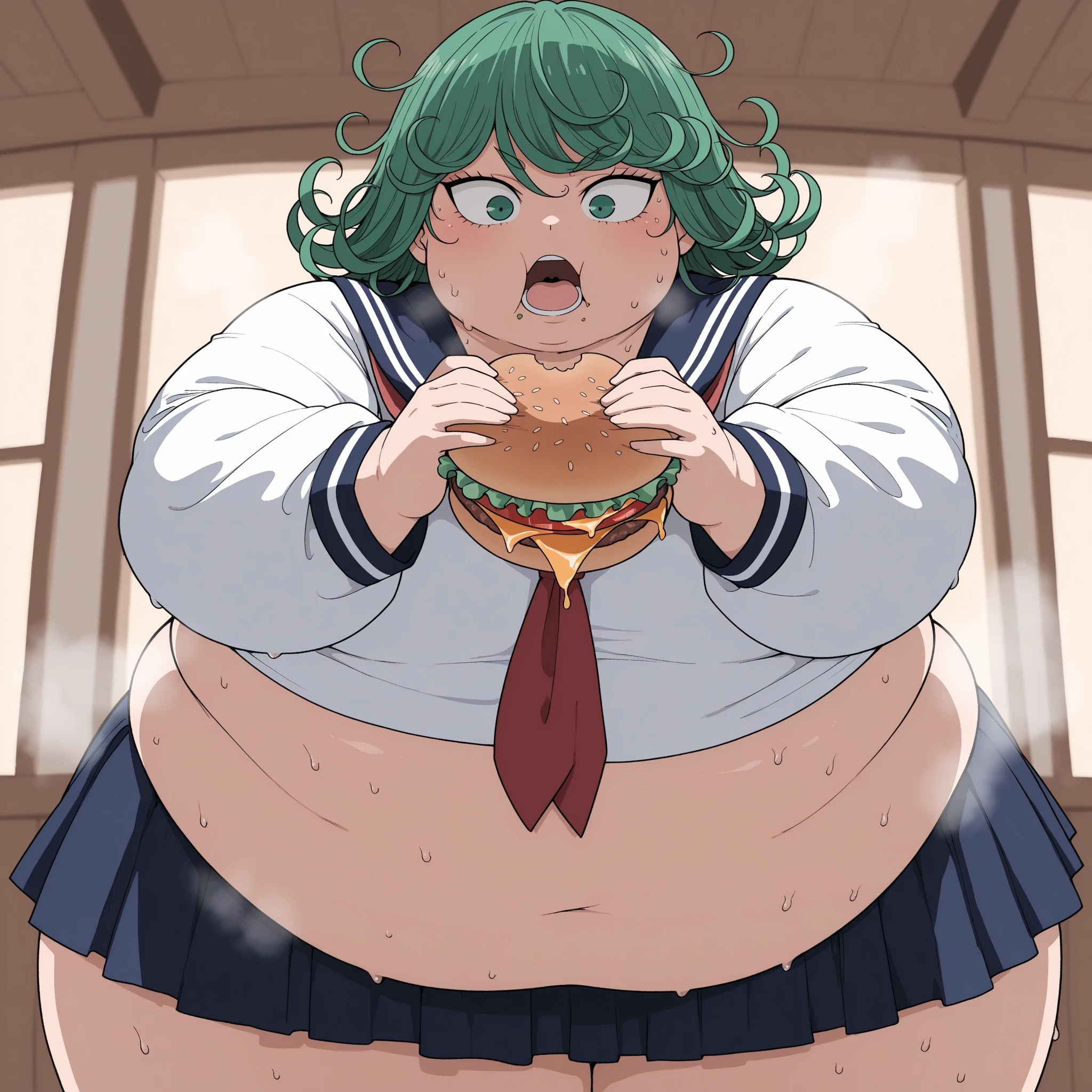 obese itsukinakano, obese itsuki nakano, bangs, blue eyes, hair between eyes, ahoge, red hair, star \(symbol\), hair ornament, star hair ornament, obese body, fat belly, fat arms, big cheeks, cute face, fat butt, thick thighs
BREAK skirt, shirt, school uniform, collarbone, , white shirt, short sleeves, pleated skirt, socks, collared shirt, , kneehighs, white socks, green skirt, sweater vest, red sweater vest,
BREAK indoors, school, kitchen class, much food
BREAK (masterpiece:1.2), best quality, high resolution, unity 8k wallpaper, (illustration:0.8), (beautiful detailed eyes:1.6), extremely detailed face, perfect lighting, extremely detailed CG, (perfect hands, perfect ),