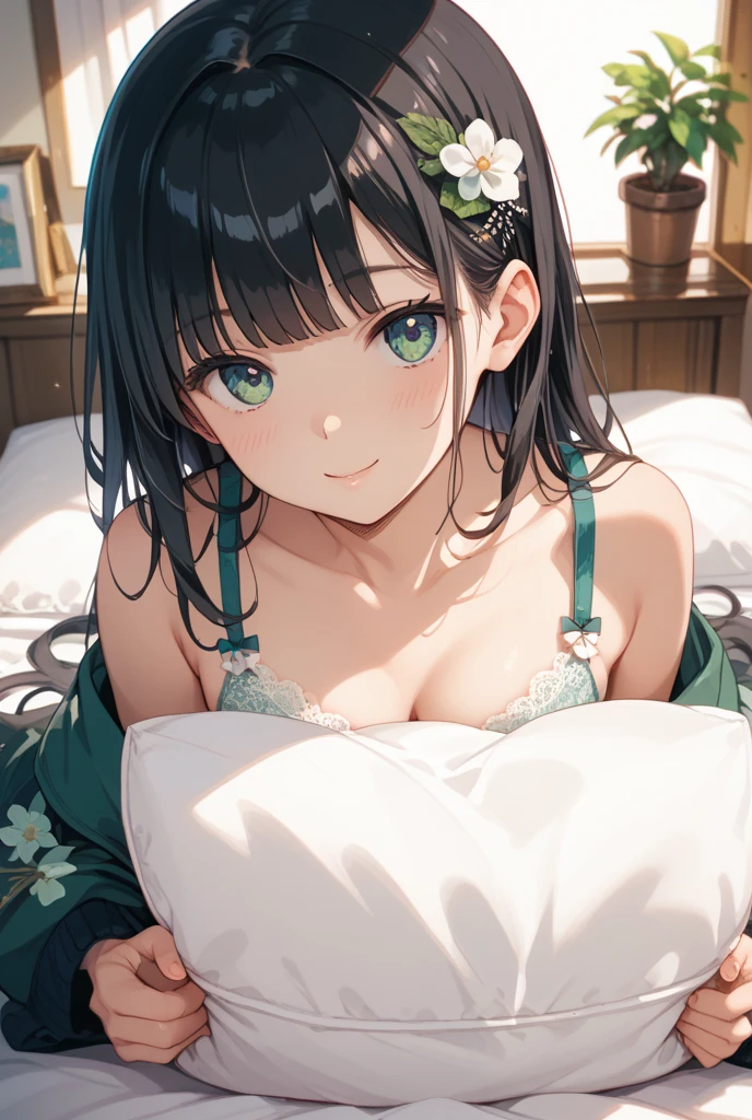 super fine illustration , 1girl , sharp focus, best quality, night, bangs  , green eyes ,black hair , short hair , skirt , solo ,  bedroom, night dress, ???????????, very cute,  happy, 