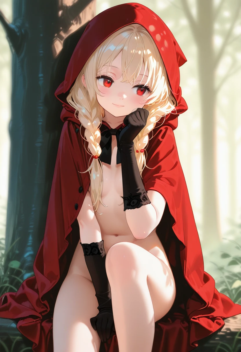 A curly blonde young woman, pale skin with violet eyes and reddish lips, dressed as little red riding hood, with a forest in the background, in an ?????? pose. 