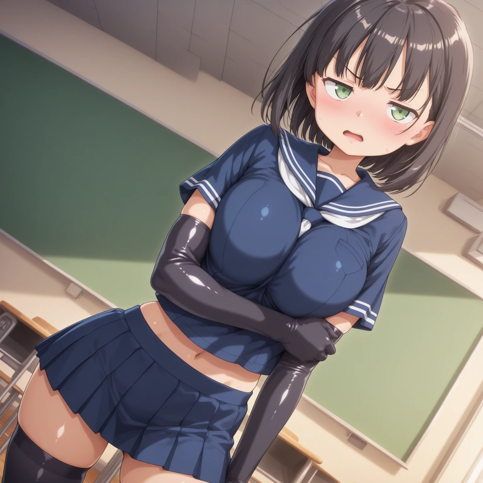 highest quality,wonderful,finely,extremely detailed CG Unity 8K wallpaper, (1 girl,black hair, blue eyes,double bun), (medium ??????:1.2), (sailor uniform:1.1), (open mouth:1.2), (long tongue:1.2), (mouth drool:1.2), (black stockings:1.1),(Thighs),(constriction),(standing:1.2),(written boundary depth)