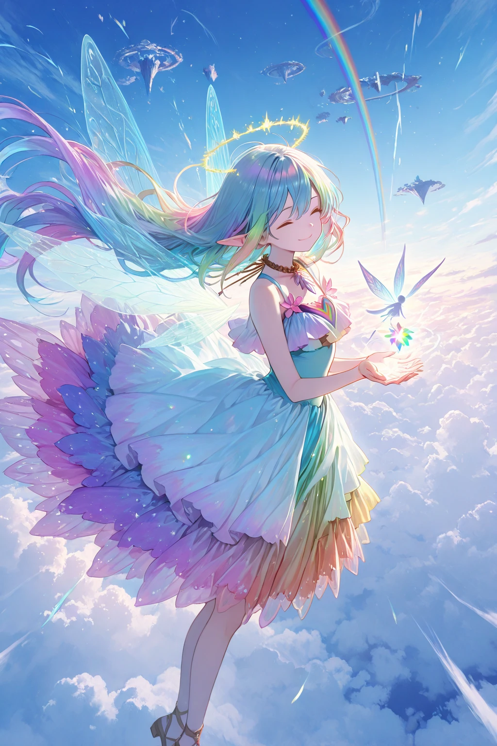 ((Dreamy landscape))、(((Super Rainbow)))、((A semi- rainbow road leading to the blue sky、Light color、Bright colors))、(((Little Girl、Rainbow Messenger、High Ponytail、barefoot、Rim Light)))、Pastel Color Spectrum、The heart is 、Immersion、The sky is high、The sky is wide、Bright colors、Fantasy Fractal Art、Scheimpflug、High Contrast、masterpiece、Highest quality、Small details、Super beautiful watercolor style、Blur、Bleeding