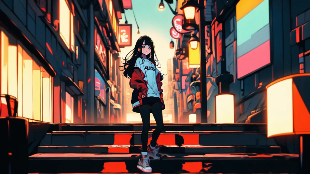 1 pretty girl, illustration, anime, red and black clothes, ponytail, turquoise eyes, smile, 8 heads, loosely wavy orange hair、!! Full body portrait!!、 late teens, raincoat, luxury sneakers, fashion model, rucksack, near future, turquoise ribbon, pale color, building in Shibuya, blue sky