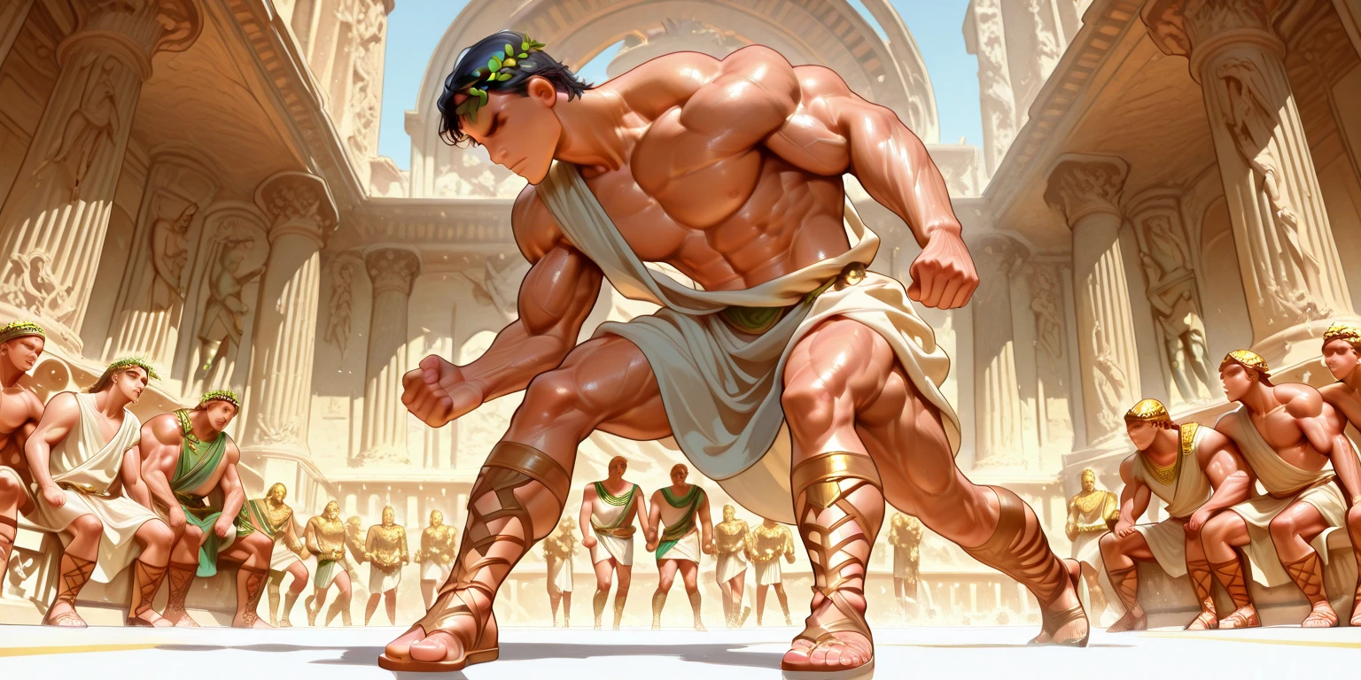 arafed man is standing in front of a roman colosseum, a screenshot inspired by Alexander Fedosav, dynamic action pose, reddit, massurrealism, very  masculine, in a colosseum, hunky, roman gladiator, strong masculine features, muscular men, muscular, in an arena pit, insanely handsome male, short messy hair, tanned attractive beefy male with armor, full body, showing 