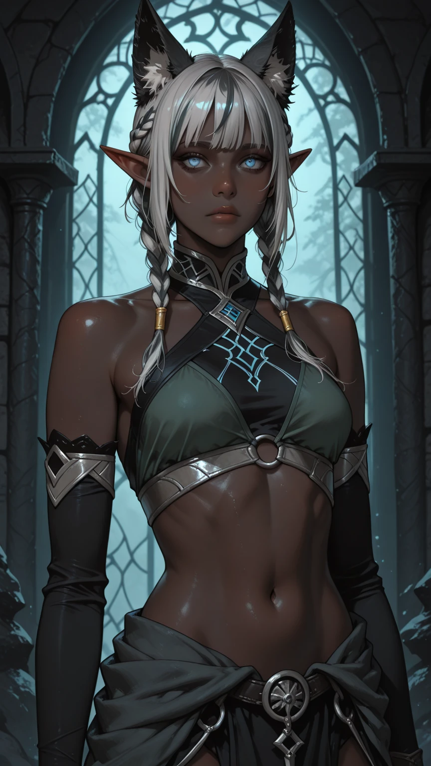 ((best quality)), ((masterpiece)),((detailed)), drow, dark elf, woman with white hair, red pupils, very dark skin, dark skin, black skin, very black skin, focus on face, eighteen years old, sexy, sensual, long legs, athletic body, well-toned body, skinny body, fullbody, large breasts, skinny thighs, medium hair, long eyelashes, elf ears, black colored skin, sunny medieval town, medieval town, medieval setting, medieval town, town street, medieval people in the back, (((hands tied behind back))), hidden hands, invisible hands, blushing girl, sweat on the body, standing, ashamed face, embarassed, (((embarassed face))), blush, blushing face, ((metal slave collars with )), ((collars)), humiliated, humiliation, public humiliation, slavery, slave, slavegirl, in slavemarket, slavemarket, frontal, , no , , , (( woman)), (()), ((arms behind back)) , sweat on body, wet body