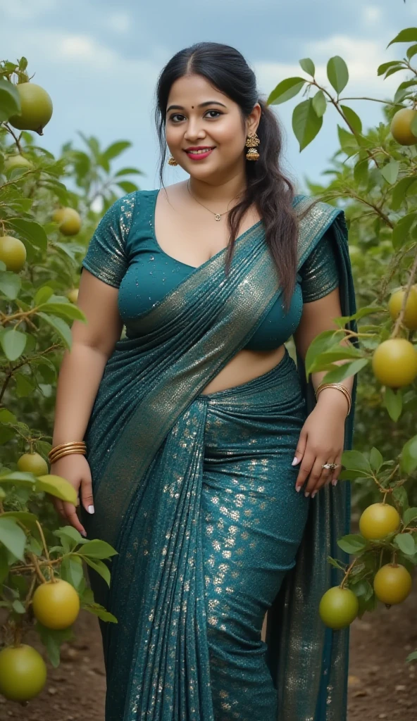 extreme close up photo of back of  30 years old  nayanthara lying on big pumpkins with wide open spread ass  from top view, hourglass figure, swooping breasts, deep cleavage, curvy, armpits,  eyes, ass, look at viewer lusciously, subtle smile,  standing  with big pumpkins with wide open , green vintage Saree, red lips, sultry, ponytail, 4K, HD