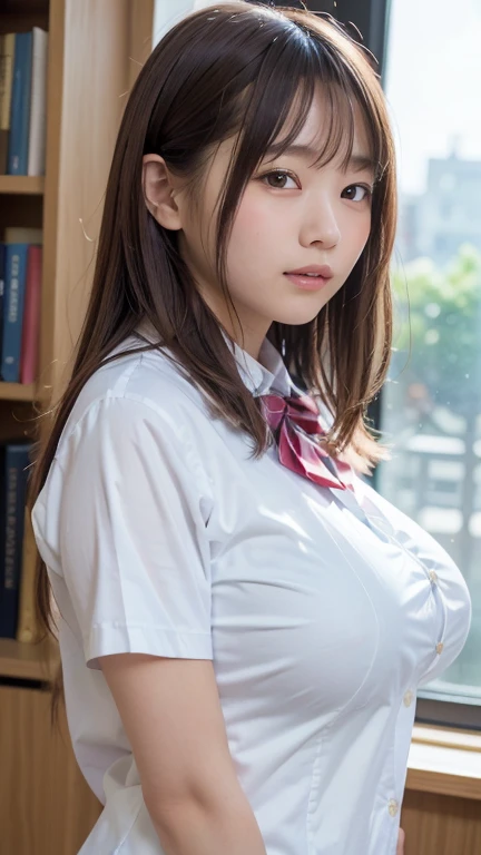 , Perfect, masterpiece, (best quality, highres:1.2), 1girl, beautiful detailed eyes, beautiful detailed lips, extremely detailed eyes and face, long eyelashes, medium:oil painting, vivid colors, HDR, studio lighting, ultra-fine painting, sharp focus, physically-based rendering, extreme detail description, portraits, ((organized fingers)), curvy body, ((large full :1.3)), perfect shape, facing viewer, sweaty, gorgeous, ((arms behind back)), sitting, ((:1.3, )), seductive smile, ((school uniform)), miniskirt, (((, focus , spread ))), ,((blush))