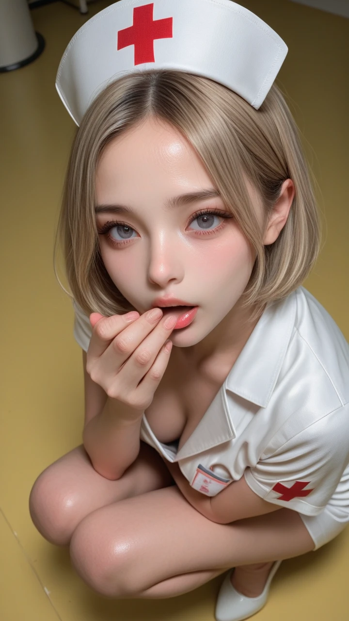 Sticking out pink wet tongue、Glossy red lip gloss