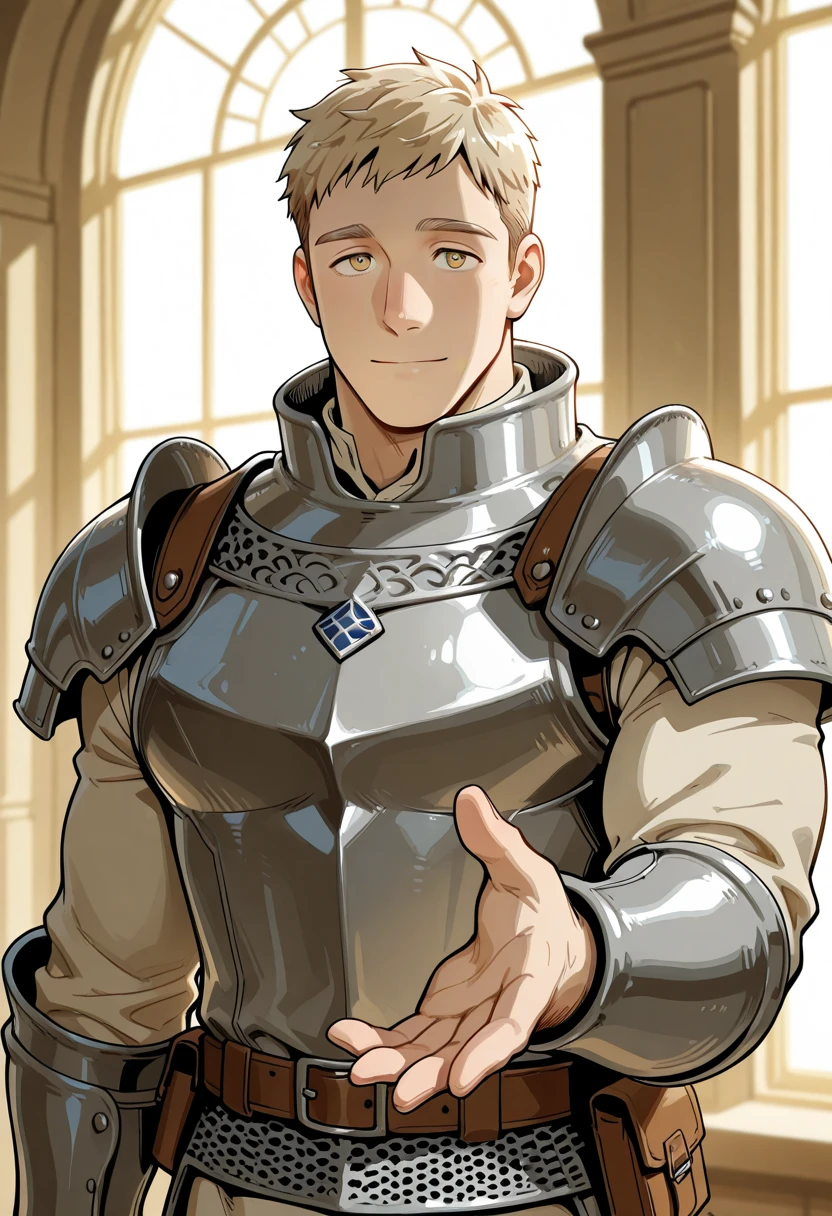 best quality, masterpiece, stocky man with short blond hair, looks like laios touden, dungeon meshi, metal plate armor, , , projectile , bukakke, , disgusted face, sexy, gay, homoerotic, extremely dramatic shadows, romantic atmosphere, perfection, no watermark, no logo, 