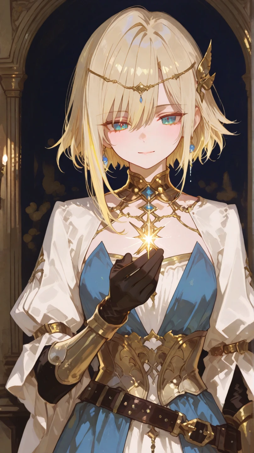 （One girl）、((short hair))、((Blonde))、（Sato Air）、((boyish))、((Small breasts))、Crossdresser、Blue Eyes、Magic Robe、White sleeveless、((hairs between eyes))、smile