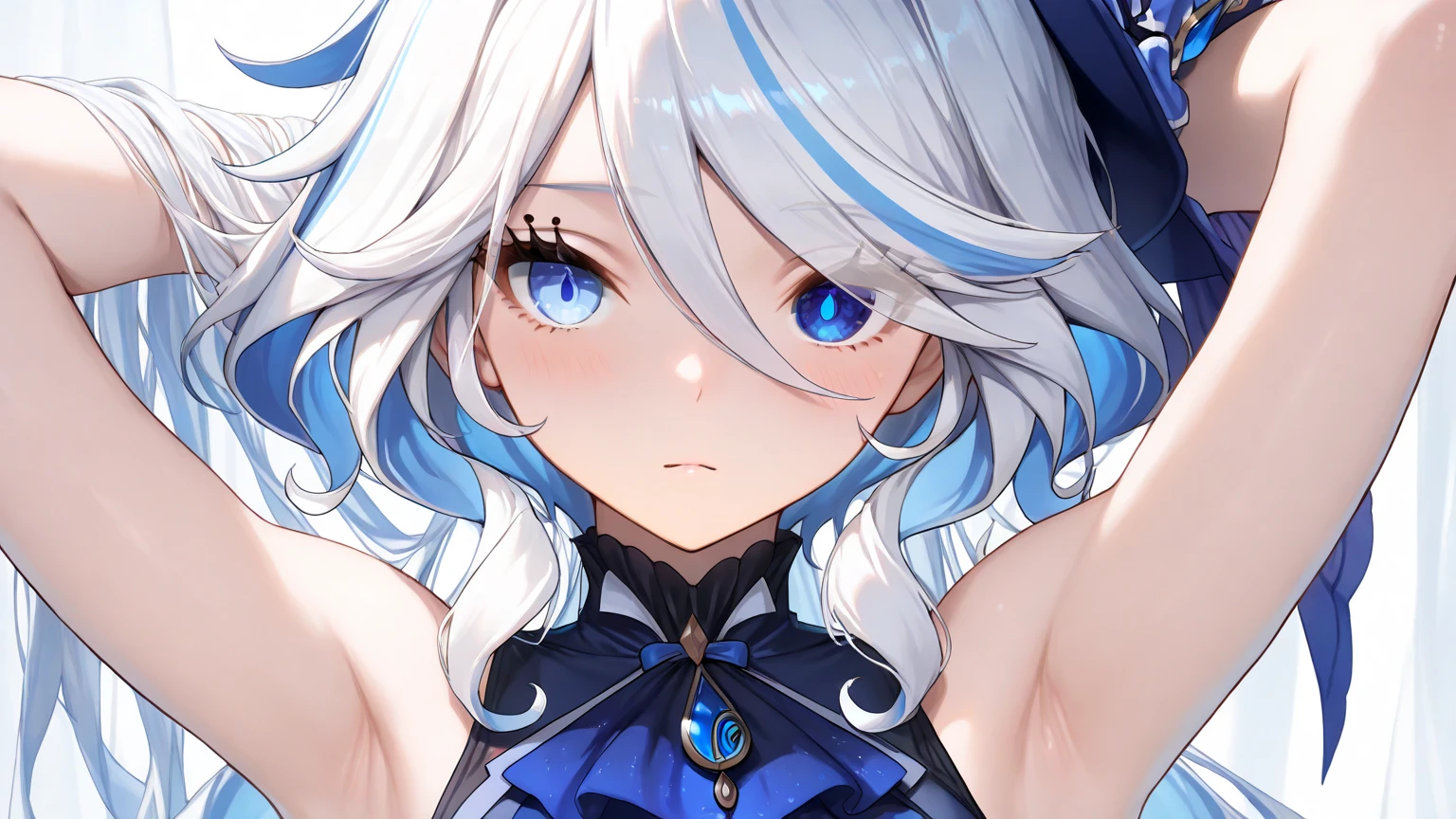 beautiful, masterpiece, Highest quality, anime, One girl, C Cup,Portrait Shot, View your viewers, Covered、Short Hair、nearby、Blue Eyes、art、、White hair,Blue streaked hair、wallpaper、hairpin、Cute smile、Thighs、navel、Floating sci-fi hair accessories、Sci-fi knee-high boots、Cute、Sci-fi underskirt、Sci-fi combat uniform、Funnel
