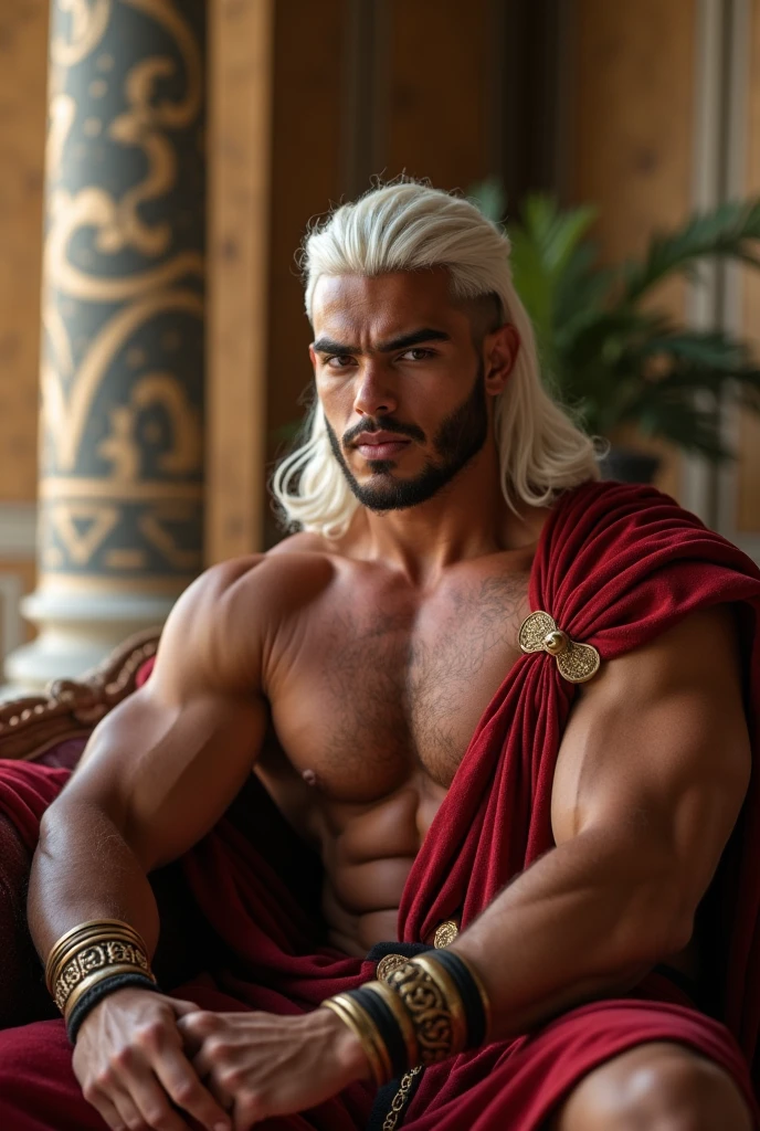 1boy, Assyrian, solo,  hair,64 yrs old, daddy, male focus,  , pectorals, bara, muscular, mature male, muscular male, abs, beard, ring , tattoo pecs, short hair, navel, stomach, large pectorals, thick eyebrows,jewelry, belt, necklace, bracelet, crown, jewelry, necklace, cape, fur trim, armlet, bracelet, throne, ring, /loincloth/pelvic curtain, chain, /shirt/vest/coat, tattoo, boots, gloves,  pectorals, fair-skinned male, sexyroyalty, , thighs,  under clothes, tan skin, belt, pectoral , cowboy shot, feet out of frame, thick thighs, looking at viewer, masterpiece, 4k, high quality, highres, absurdres,