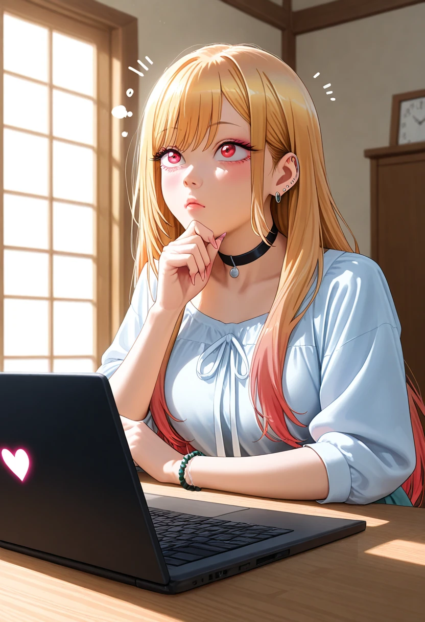 Create a image of  A 1 anime girl, having blonde hairs, and pale skin, face infront of camera sitting in front of a computer desk with a microphone and laptop wearing pink dress, and the background includes a large youtube logo on the wall, potted plants on either side and various recording equipments, ratio of the image is 16:9  