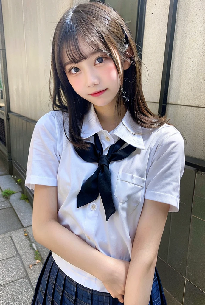 ((masterpiece)), (realistic: 1.2) masterpiece, 最high quality, high quality，High resolution，white skin，perfect body, 最high quality, ultra detail，Emphasized big breasts, Mature，beautiful, black hair， long hair， With bangs，school uniform，over knee socks，glowing skin，10th generation，Bewitching，foot, very detailed, parted lips