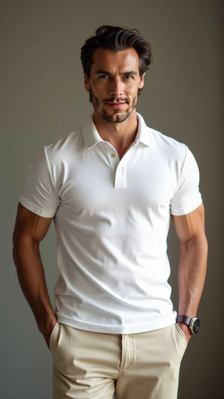 Homem Australiano, 20 anos de idade, cabelos castanhos claros curto, olhos castanhos, appearance, average physique, shorts de suor cinza, polo shirt, cabelos curto.
