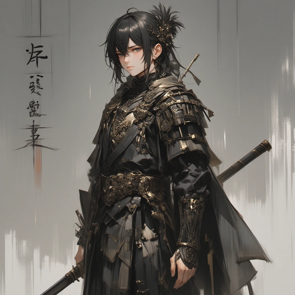 hyper realist, extremely detaild, intricate details, digital art of a Japanese warrior standing sideways, looking sad at the floor ,with light black clothes and holding only a sword in each hand pointed downwards on a sad rainy day. fancy