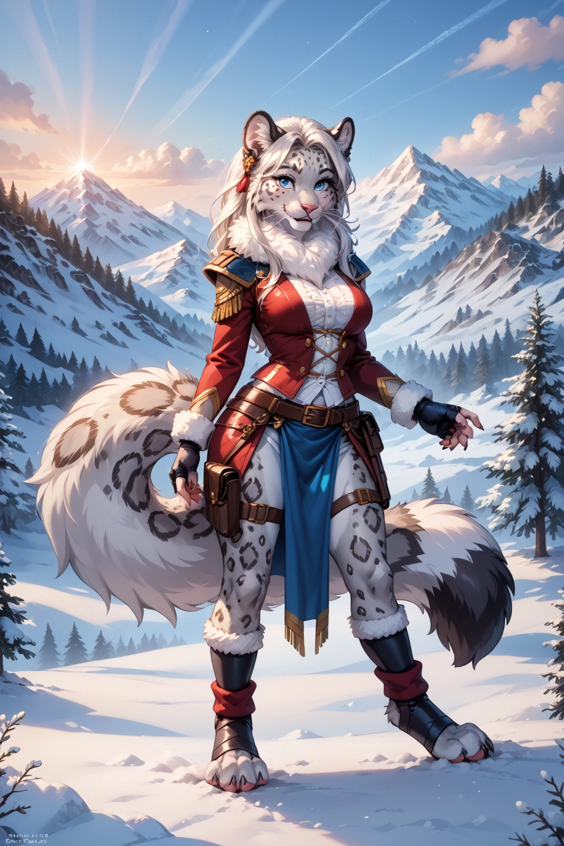 Sexy character portraits, adult, (Female:1.4), (anthro:1.2), Khajiit, Snow Leopard Coloring Pages, Tassels on ears, Female,thin布の小さい面積の服 小さいふんどし((plump breasts,big breasts,Sexy cleavage,lightly dressed,White fur clothing for winter)), thin, there's nothing there, photorealism, soft shading, Doing a presentation , (A detailed eye:1.1), beautiful eyes, (masterpiece:1.2), Detailed Face,  excellent , Detailed fur, 1tail, tail, cinematic lighting, ultradetailed, professional photography, HDR, ........3D, lively, cinematic, realistic, hyper detailed, max detail, Surround Light, author: subtraction , By Ross Tran, Michael & Inesa Garmash, Pino Daeni, by Ruan Jia, solo, (realistic scale, scale, realistic texture scale:1), Detailed background, realistic, 超realistic, Are standing, exterior, Winter forest, snowfall