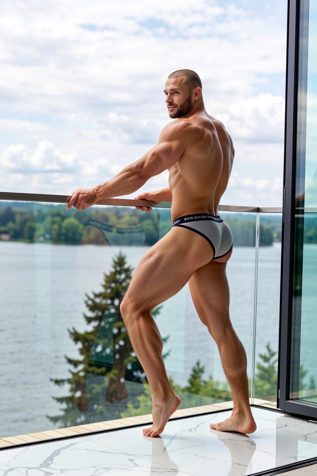  natural male、40 years old、male、Japanese、very handsome、abs、Pectoral muscle、PUMP black 、Ck blue Briefs、sexy pose、body hair、full-length picture,wearing glasses ，The body above the knees